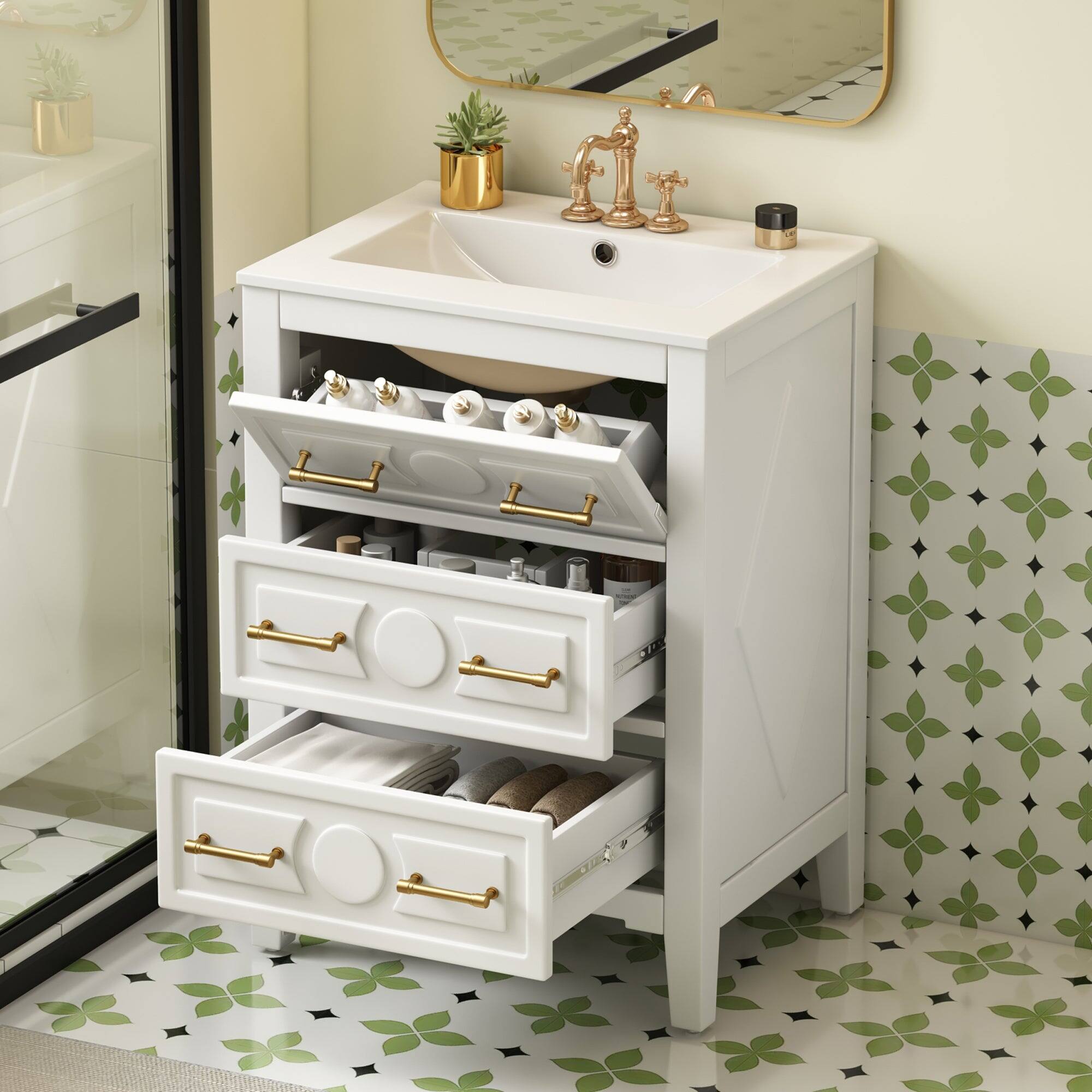 Alt View 2. Boyel Living - 24 Inch Retro Bathroom Vanity with Ceramic Sink and Three Drawers White - White.