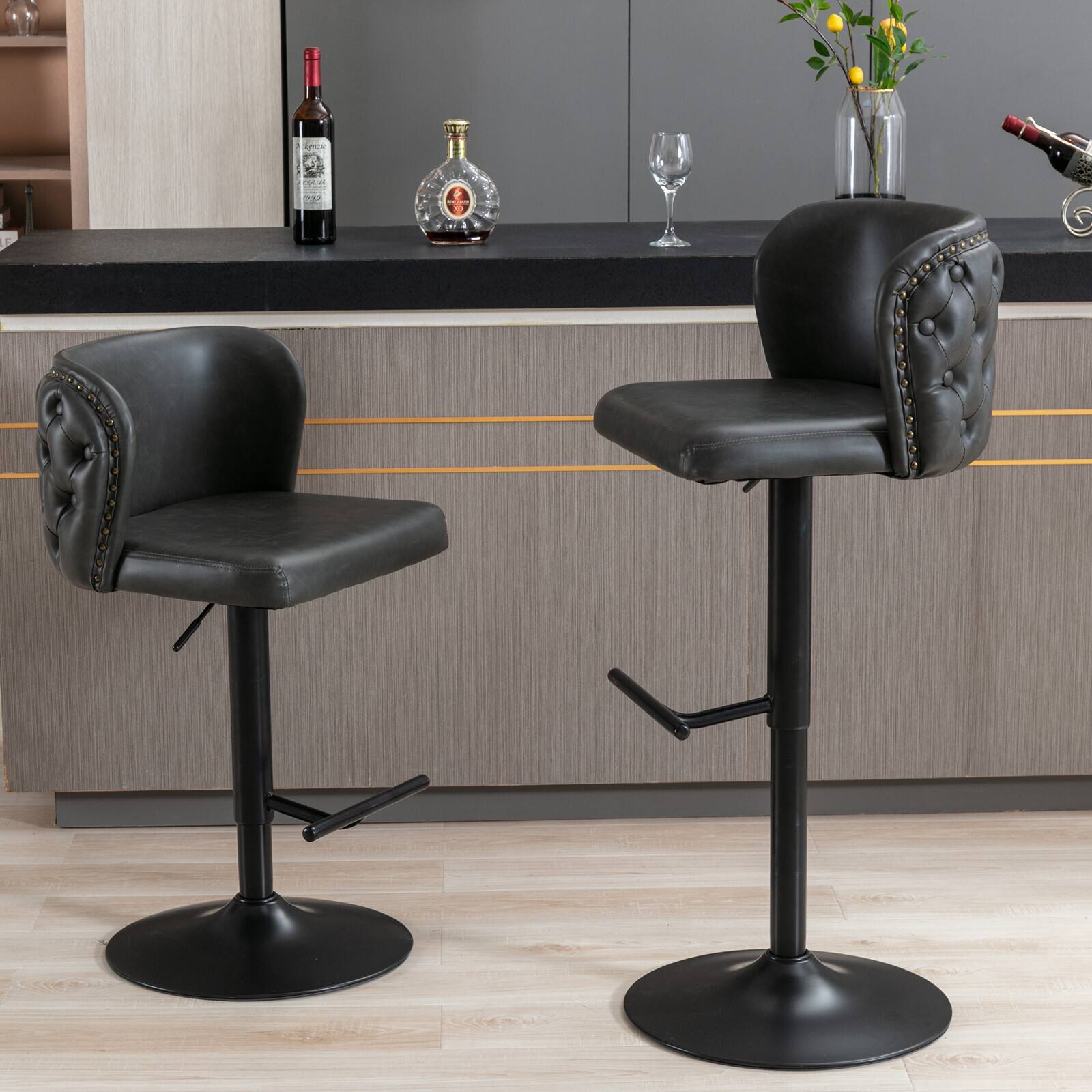 Alt View 2. Trinkets Crazed - Swivel Barstools Set of 2, Adjusatble Seat Height with Black Base, Classic PU Upholstered Bar Stools - Black.