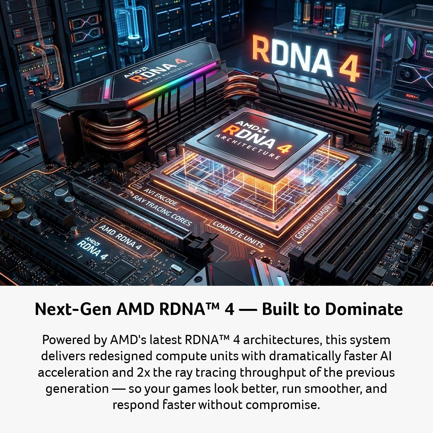 Next-Gen AMD RDNA™ 4 — Built to Dominate

Powered by AMD's latest RDNA™ 4 architectures, this system delivers redesigned compute units with dramatically faster AI acceleration and 2x the ray tracing throughput of the previous generation — so your games look better, run smoother, and respond faster without compromise.