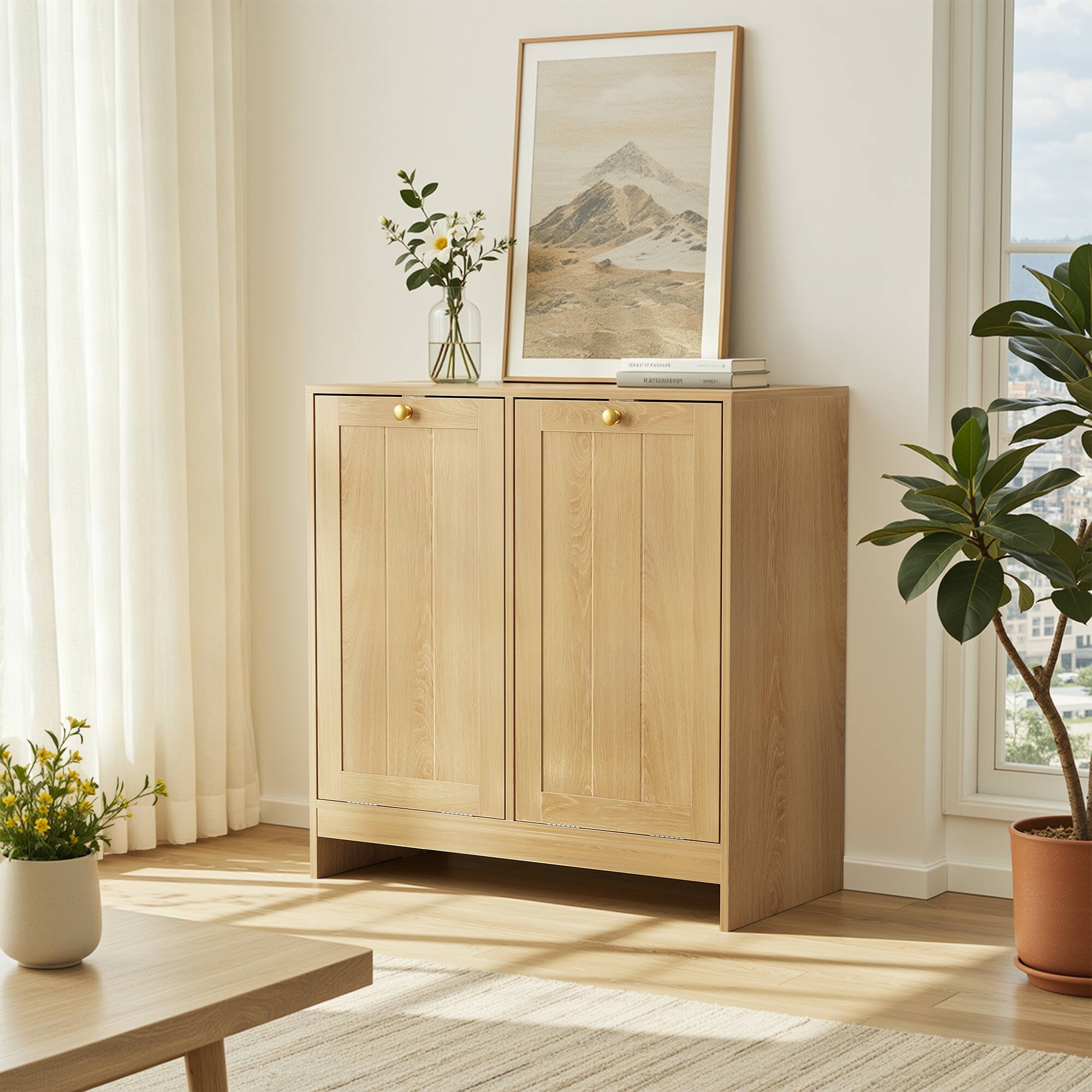 Alt View 8. Loheer - Loheer Tilt Out Laundry Hamper Cabinet Oak Hidden Bathroom Laundry Sorter with Removable Baskets - Oak.