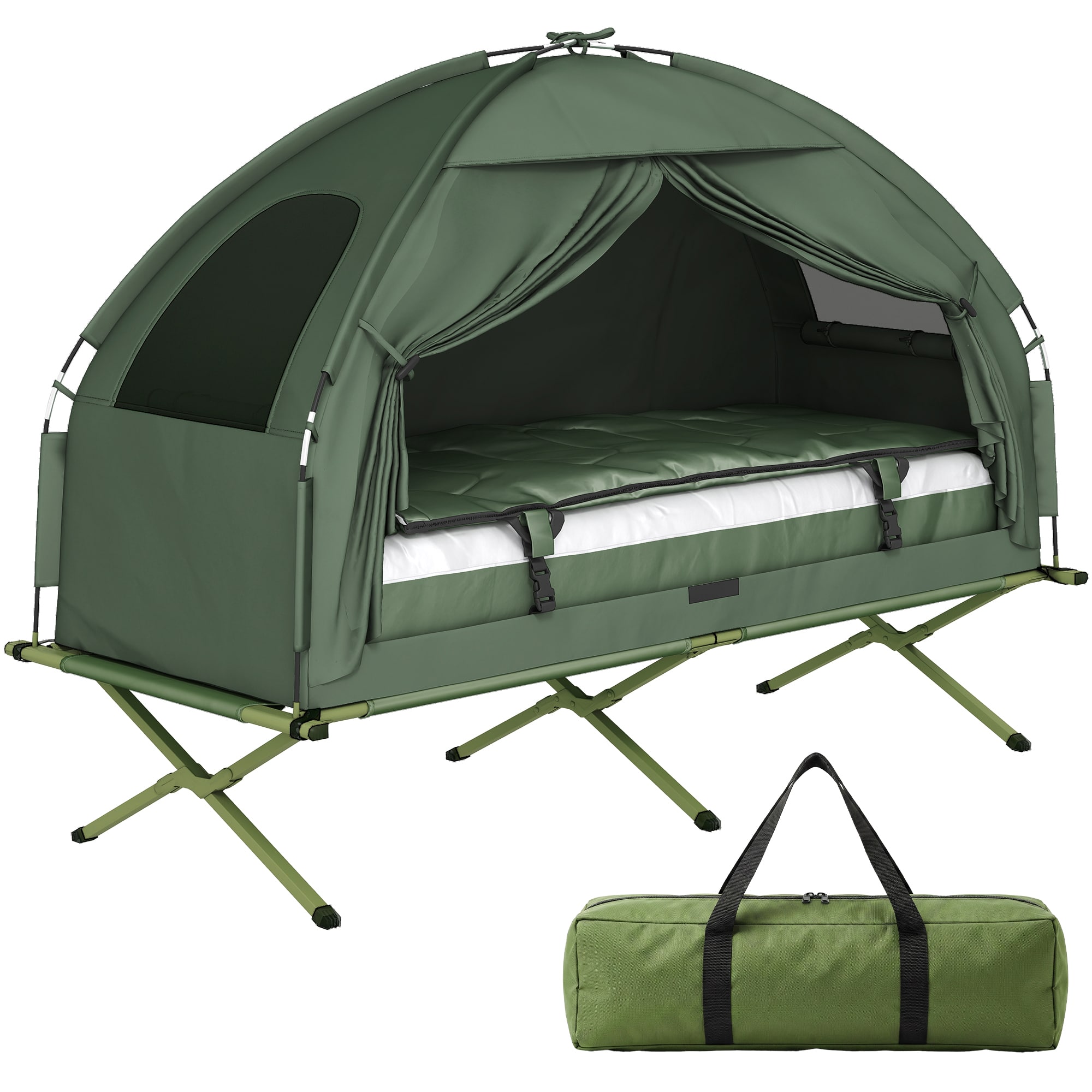 Outsunny - Multifunctional Folding Camping Cots for Adults, Elevated Tent with Sleeping Bag, Thick Air Mattress Pad - Green