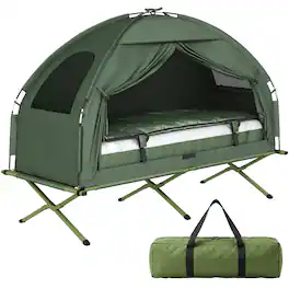 Outsunny - Multifunctional Folding Camping Cots for Adults, Elevated Tent with Sleeping Bag, Thick Air Mattress Pad - Green