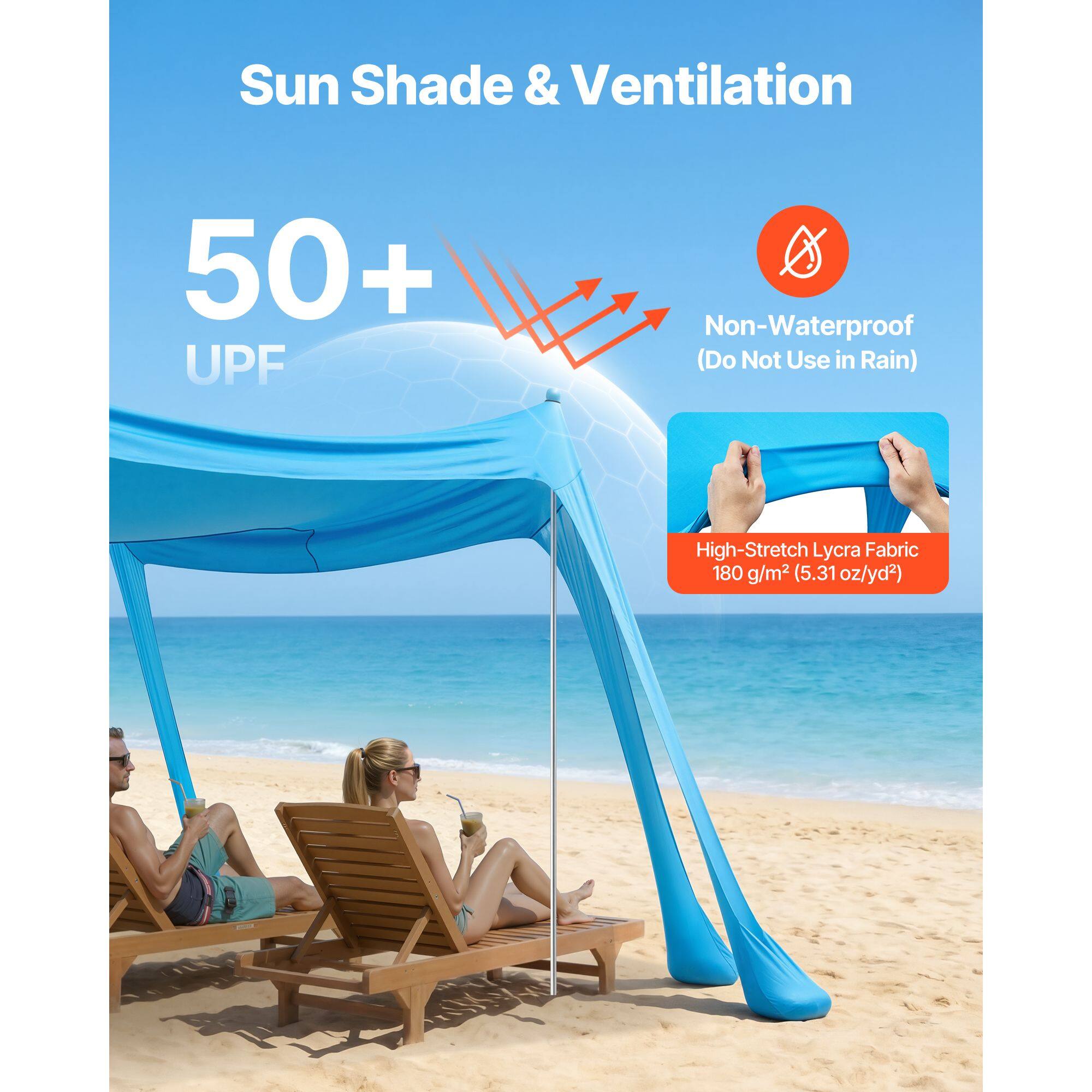 Sun Shade & Ventilation  
50+ UPF  
Non-Waterproof (Do Not Use in Rain)  
High-Stretch Lycra Fabric  
180 g/m² (5.31 oz/yd²)