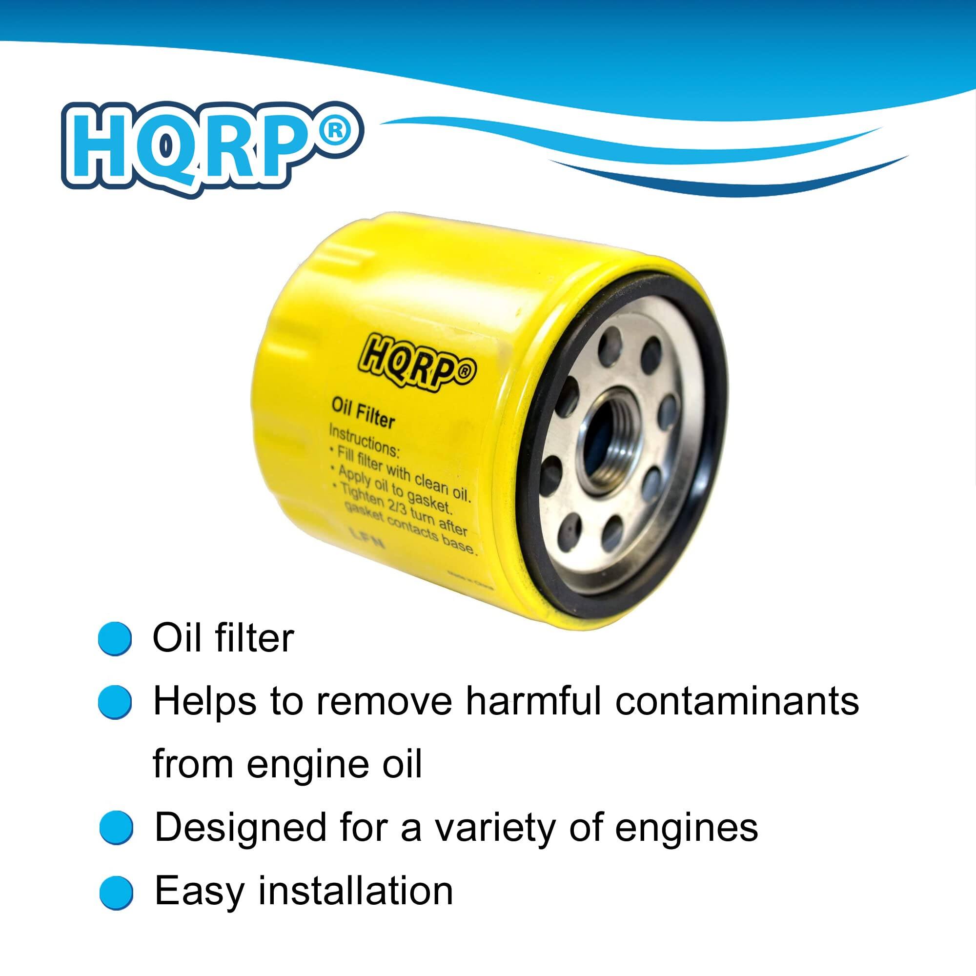 HQRP Oil Filter Instructions:  
- Fill filter with clean oil.  
- Apply oil to gasket.  
- Tighten to gasket.  
- Turn 2/3 turn after base.  
- Gasket contacts base.  

Oil filter  
Helps to remove harmful contaminants from engine oil  
Designed for a variety of engines  
Easy installation