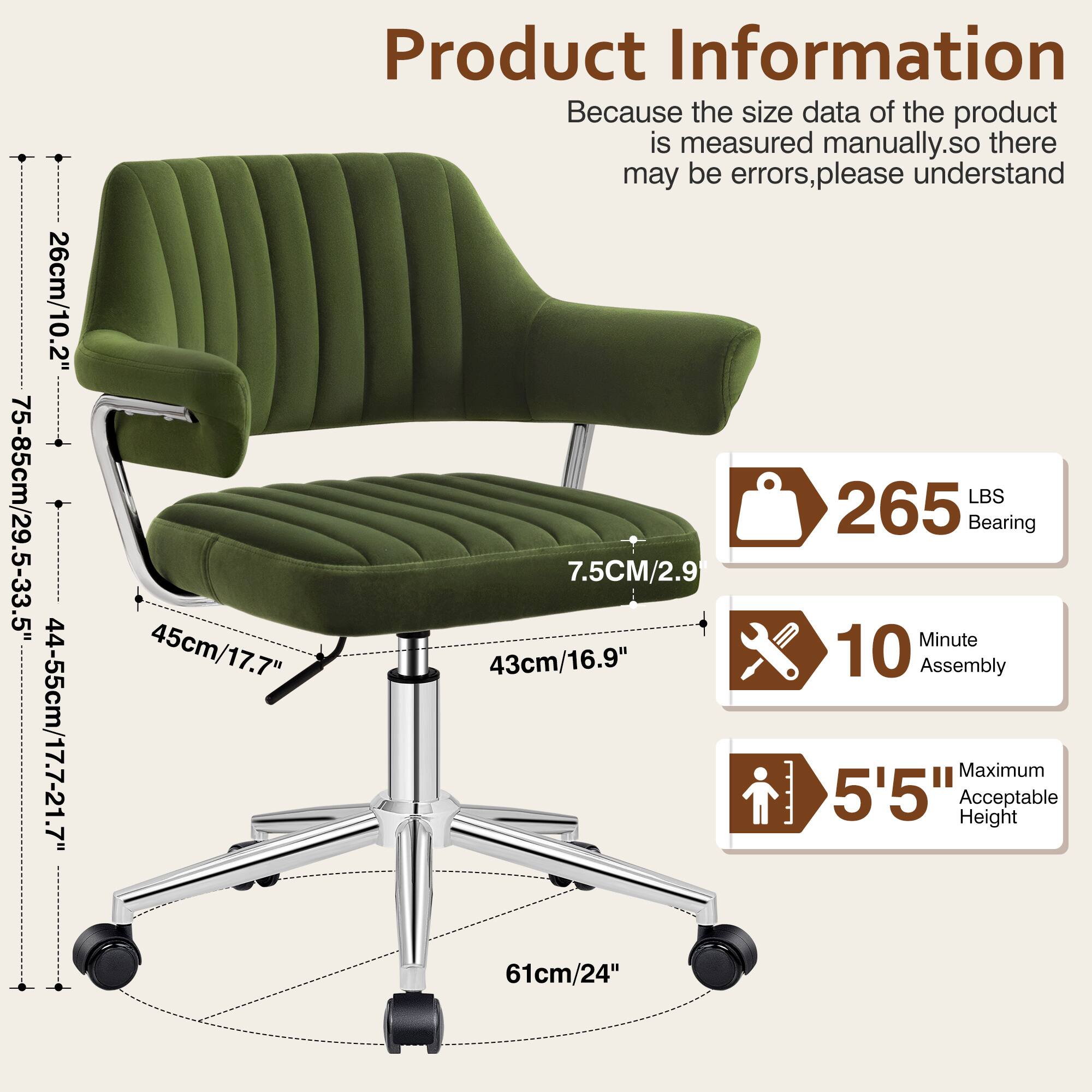 26cm/10.2"  
75-85cm/29.5-33.5"  
44-55cm/17.7-21.7"  

Product Information  
Because the size data of the product is measured manually, so there may be errors, please understand  

265 LBS Bearing  
7.5CM/2.9"  
45cm/17.7"  
43cm/16.9"  
61cm/24"  

10 Minute Assembly  
Maximum Acceptable Height 5'5"