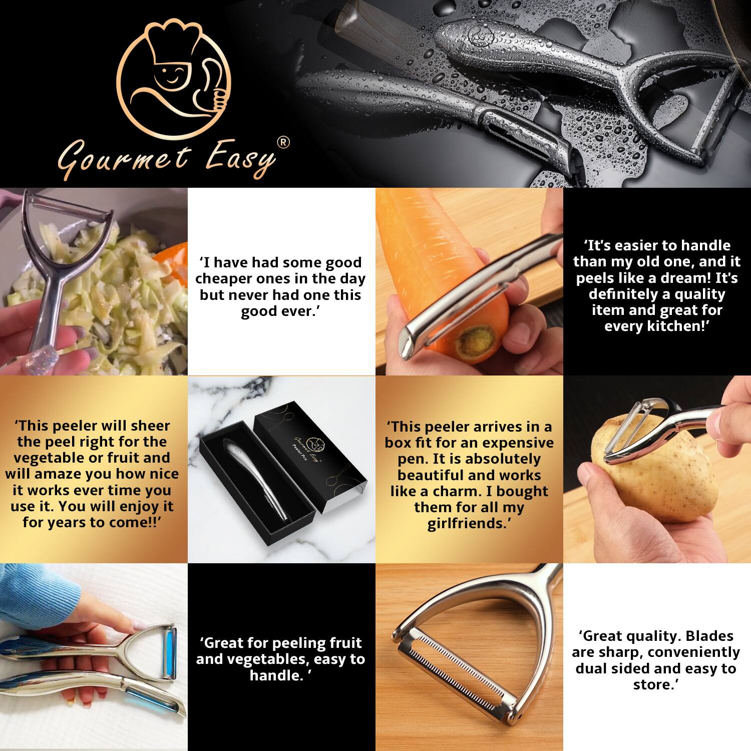 Back. Gourmet Easy - Vegetable Peeler, Premium Stainless Steel Potato Peeler, High Tensile Ultra Sharp Blade Fruit and Food Slicer, Y Shaped.