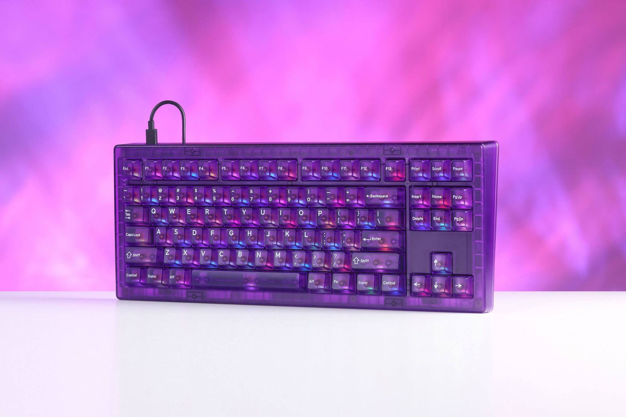 Sure, here is the corrected and grouped text from the image:

- Esc
- F1 F2 F3 F4 F5 F6 F7 F8 F9 F10 F11 F12
- 1 2 3 4 5 6 7 8 9 0 - = Backspace
- Prg Serol Pause
- 2 1 2 3 5 4 % 5 A E & 7 . E 9 I O I + - -Backspace Insert Home PgUp
- Q W E R T Y U I O P [ ] \ Enter
- A S D F G H J K L ; ' Enter
- Z X C V B N M , . / Shift
- Caps Lock
- Shift
- Control Super Alt Fn
- Insert Scroll Pause
- Home PgUp
- Delete End PgDn
- Tate
- Control Super