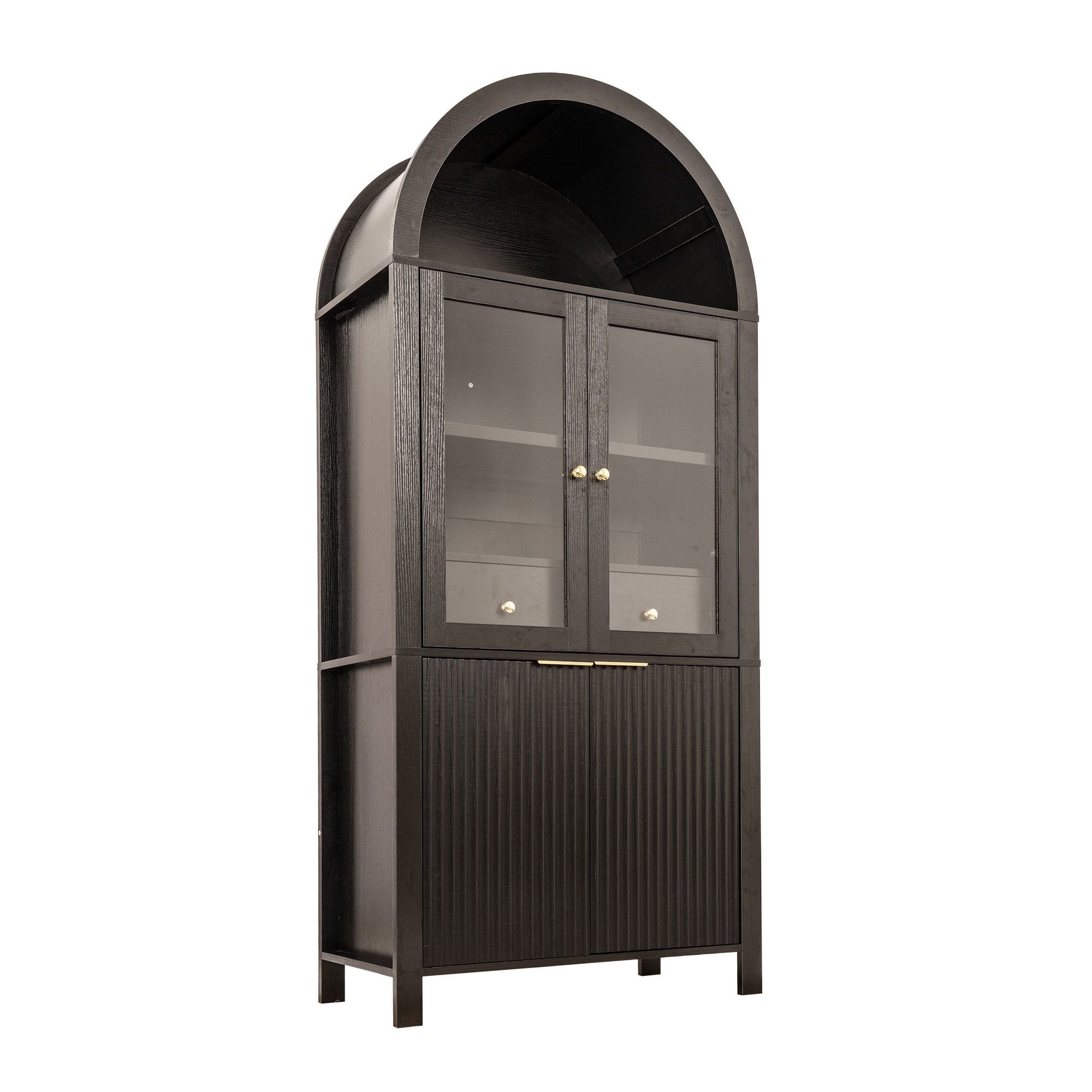 Spaco - 71" Arched Pantry Cabinet with Glass Door, Adjustable Shelves Hidden Drawer, Fluted Display Storage for Kitchen - Black