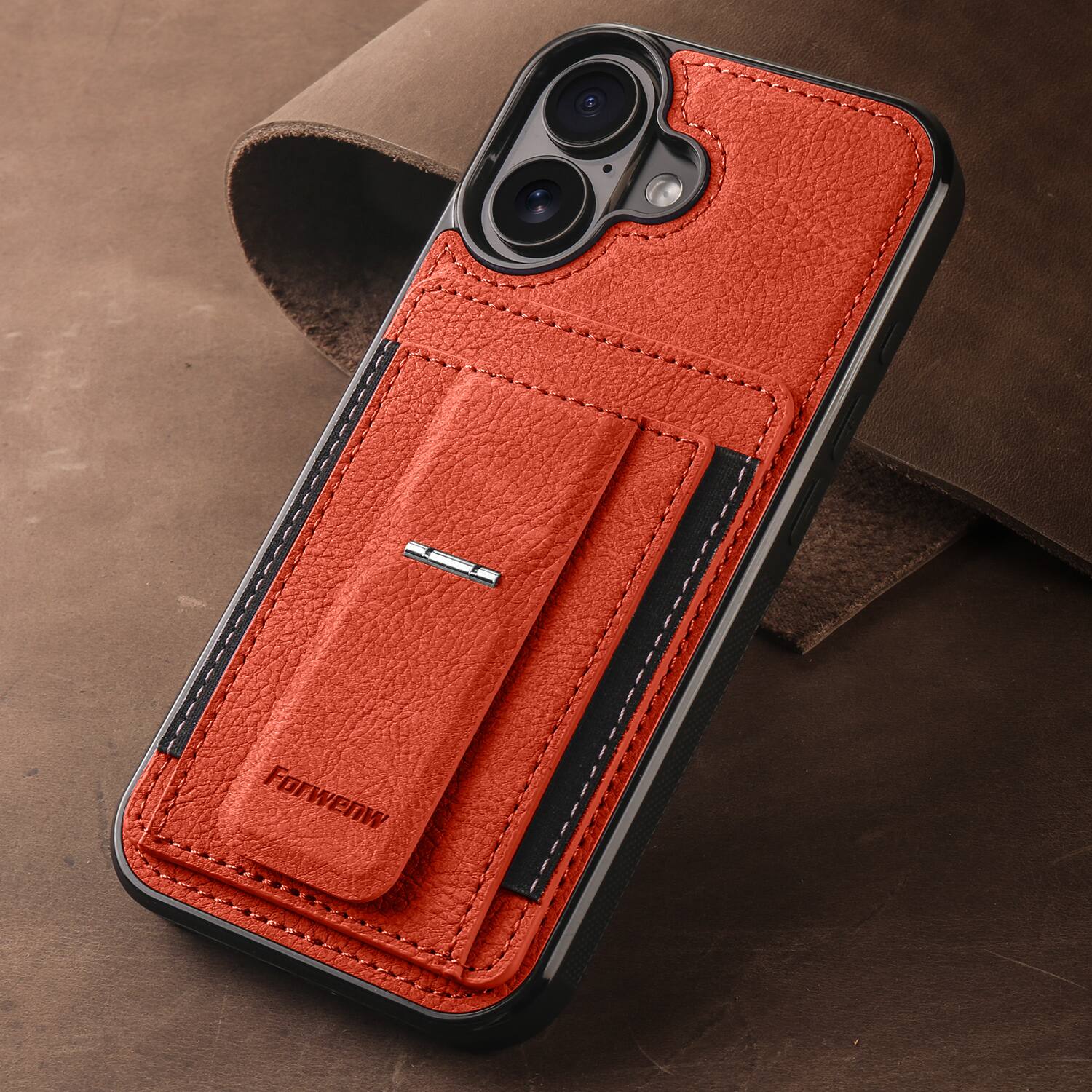 Angle. Dteck - Slim Card Holder Case for Apple Apple iPhone 16, Shockproof Wallet Protective Cover with Kickstand - Orange.