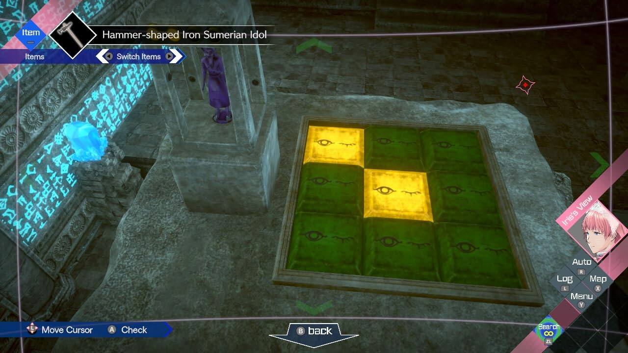 The text on the image reads:

A Hammer-shaped Iron Sumerian Idol Items Switch Items A 1 > a  4 1 1 1 CT D View Iris's Auto R Log Map L X Menu Y  Move Cursor A Check B back Search 8 ZL