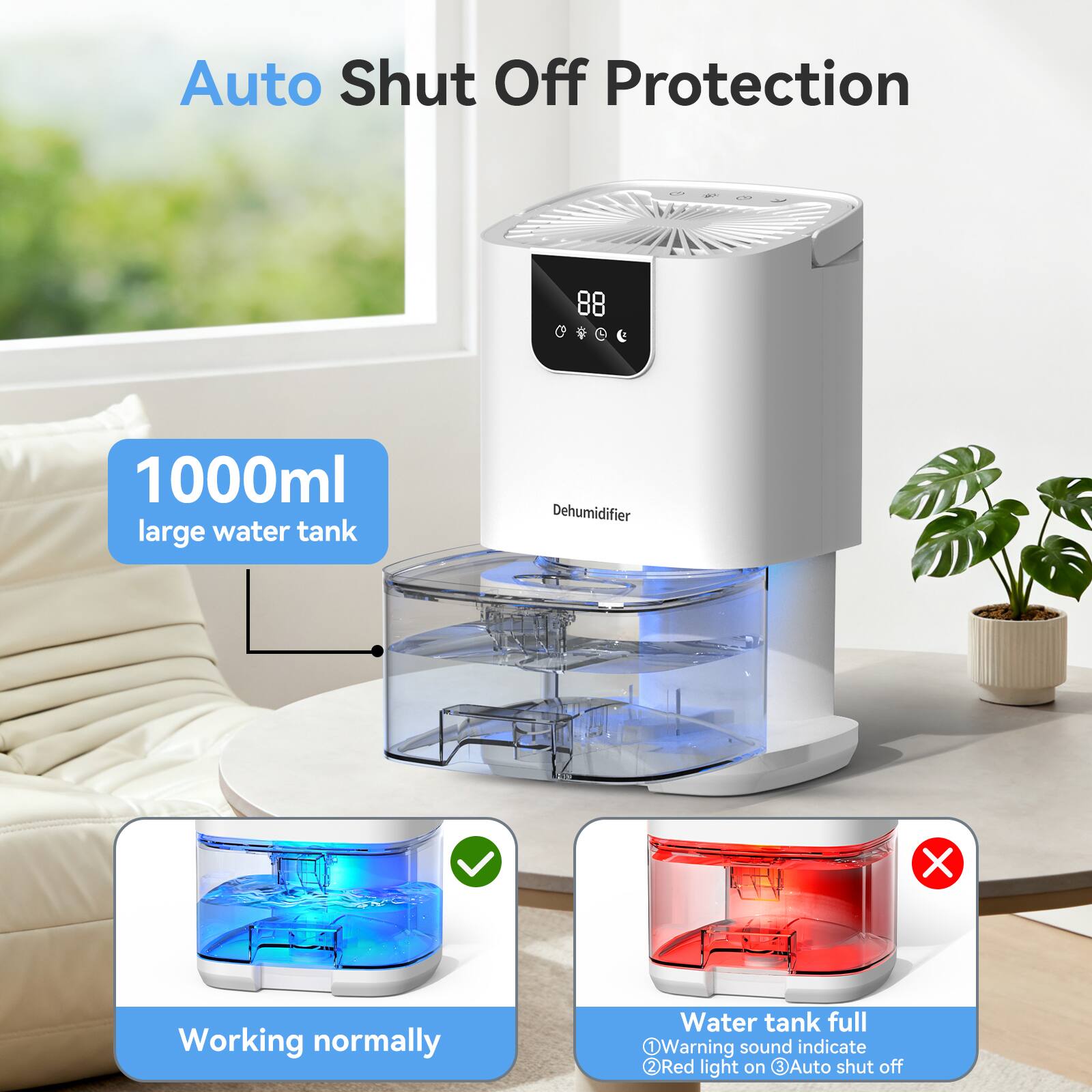 Auto Shut Off Protection

1000ml large water tank

Working normally

Water tank full
1. Warning sound indicate
2. Red light on
3. Auto shut off