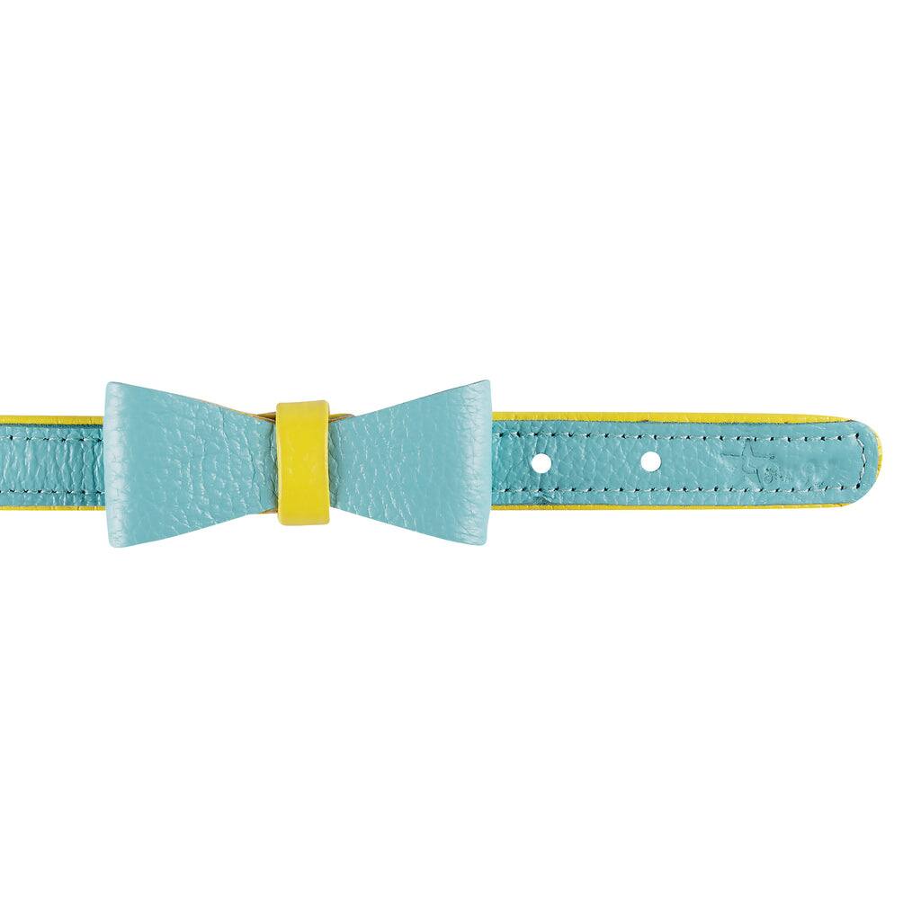 Angle. PoisePup - Cute Handmade Genuine Soft Full Grain Leather Dog Bow Tie - Teal | Yellow.
