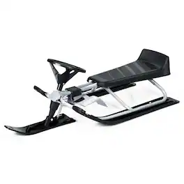 Costway - Kids Snow Racer Sled w/ Steering Wheel & Double Brakes Pull Rope Snow Slider - Black+Silver