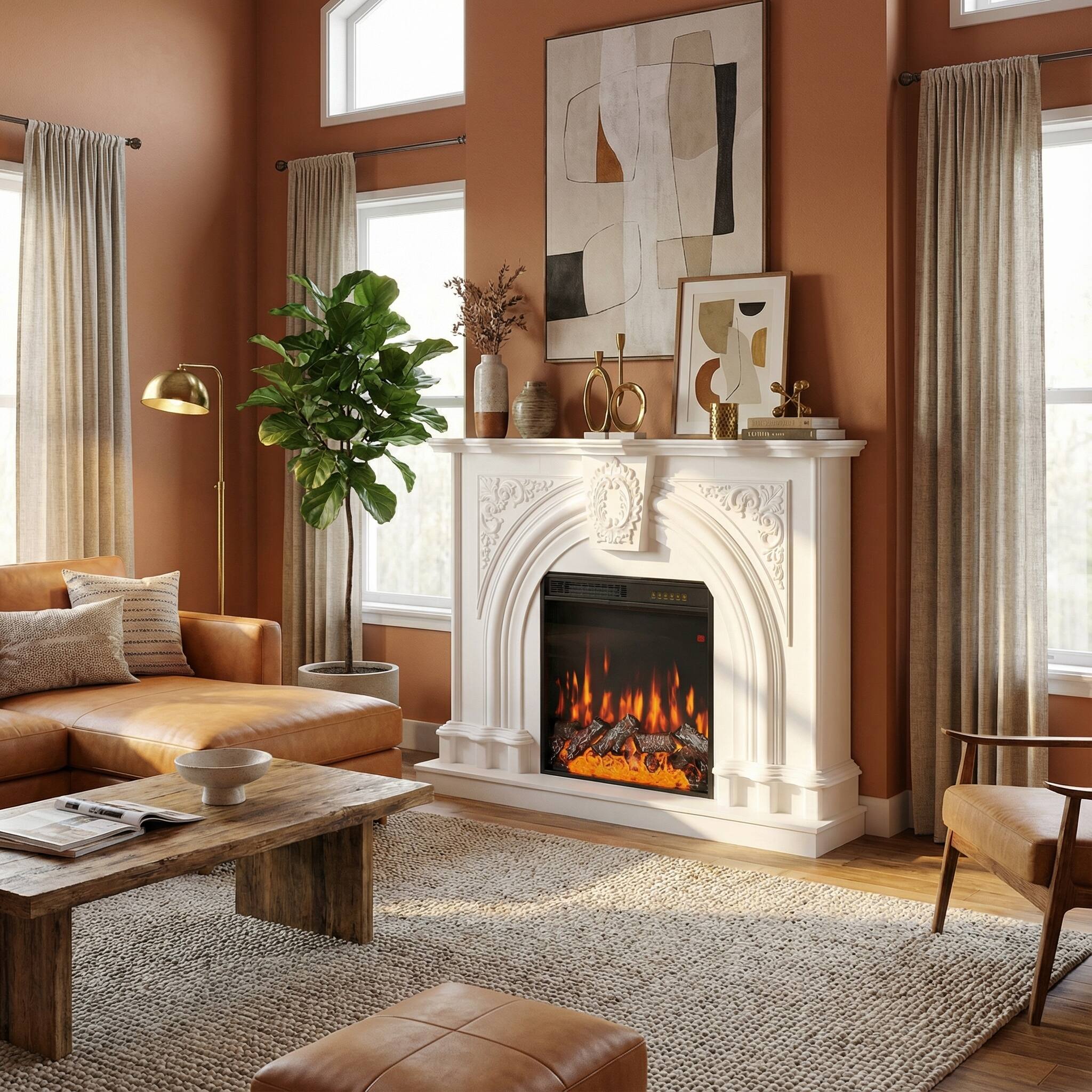 Angle. FUFU&GAGA - Carved Electric Fireplace Mantel with 12-Color Flame, Freestanding Fireplace Heater, Classic American Style.