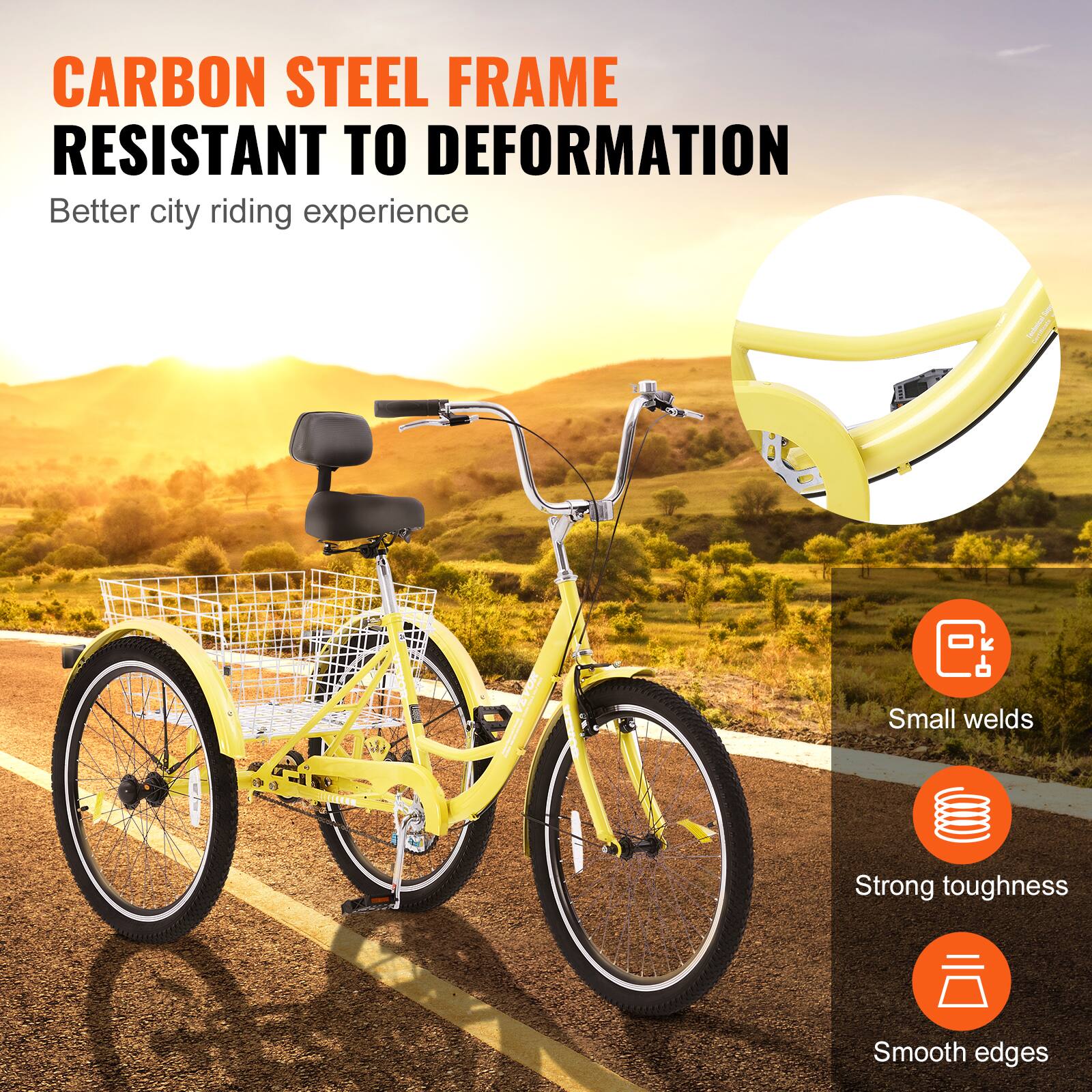 CARBON STEEL FRAME RESISTANT TO DEFORMATION
Better city riding experience
Small welds
Strong toughness
Smooth edges