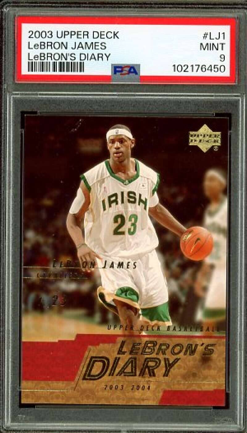 2003 UPPER DECK  
LeBRON JAMES  
LeBRON'S DIARY  
#LJ1  
MINT 9  
102176450  
IRISH 23  
LEBRON ON JAMES  
UPPER DECK BASKETBALL  
LEBRON'S DIARY  
2003 2004