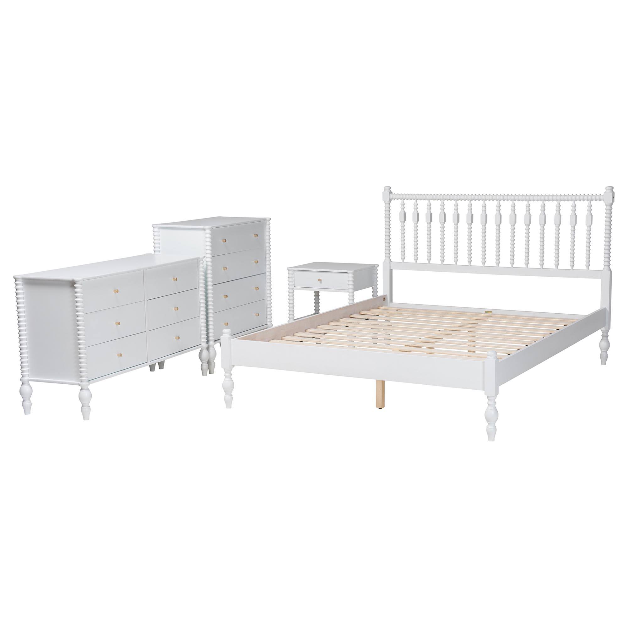 Angle. Baxton Studio - Denita Spindle 4-Piece Bedroom Set - Farmhouse Platform Bed with Matching Dresser, Chest, and 1-Drawer Nightstand, Queen - White.