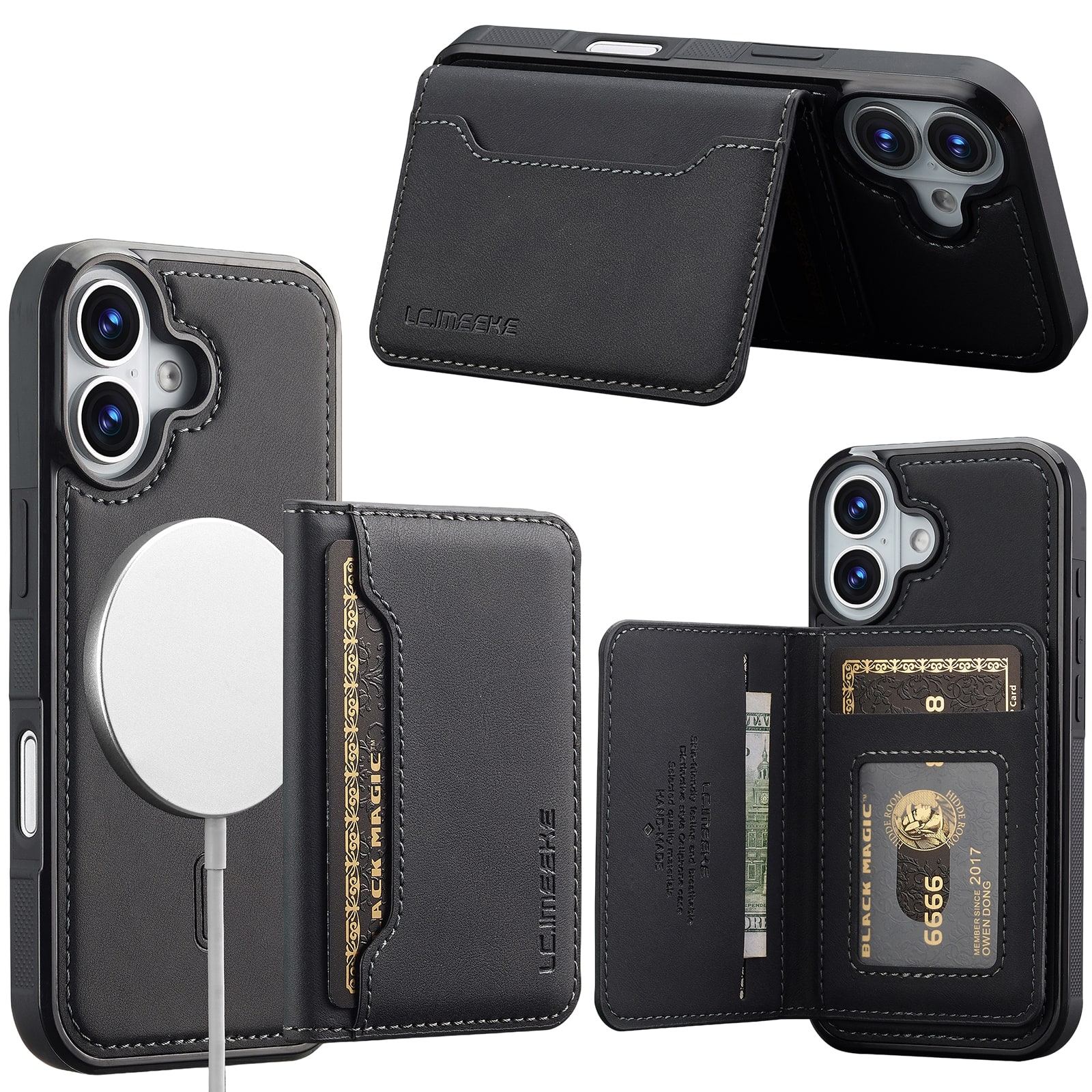 Dteck - RFID Blocking Magnetic 2 in 1 Wallet Phone Case for Apple iPhone 16, Slim Detachable Card Holder Kickstand Cover - Black