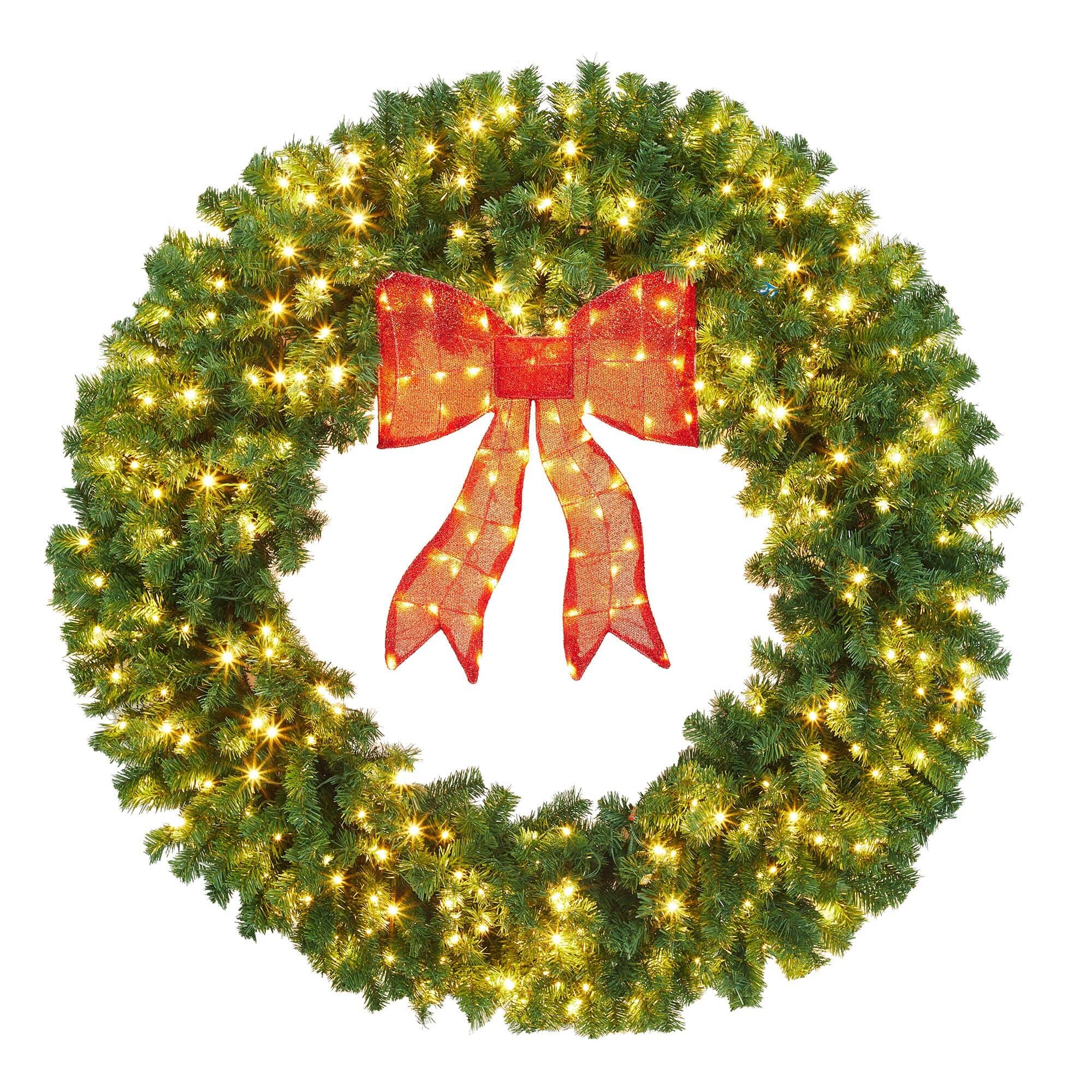 Acekool - Pre-Lit Christmas Wreath with Bow, Winter Artificial Wreath with Lighted Bow - Green