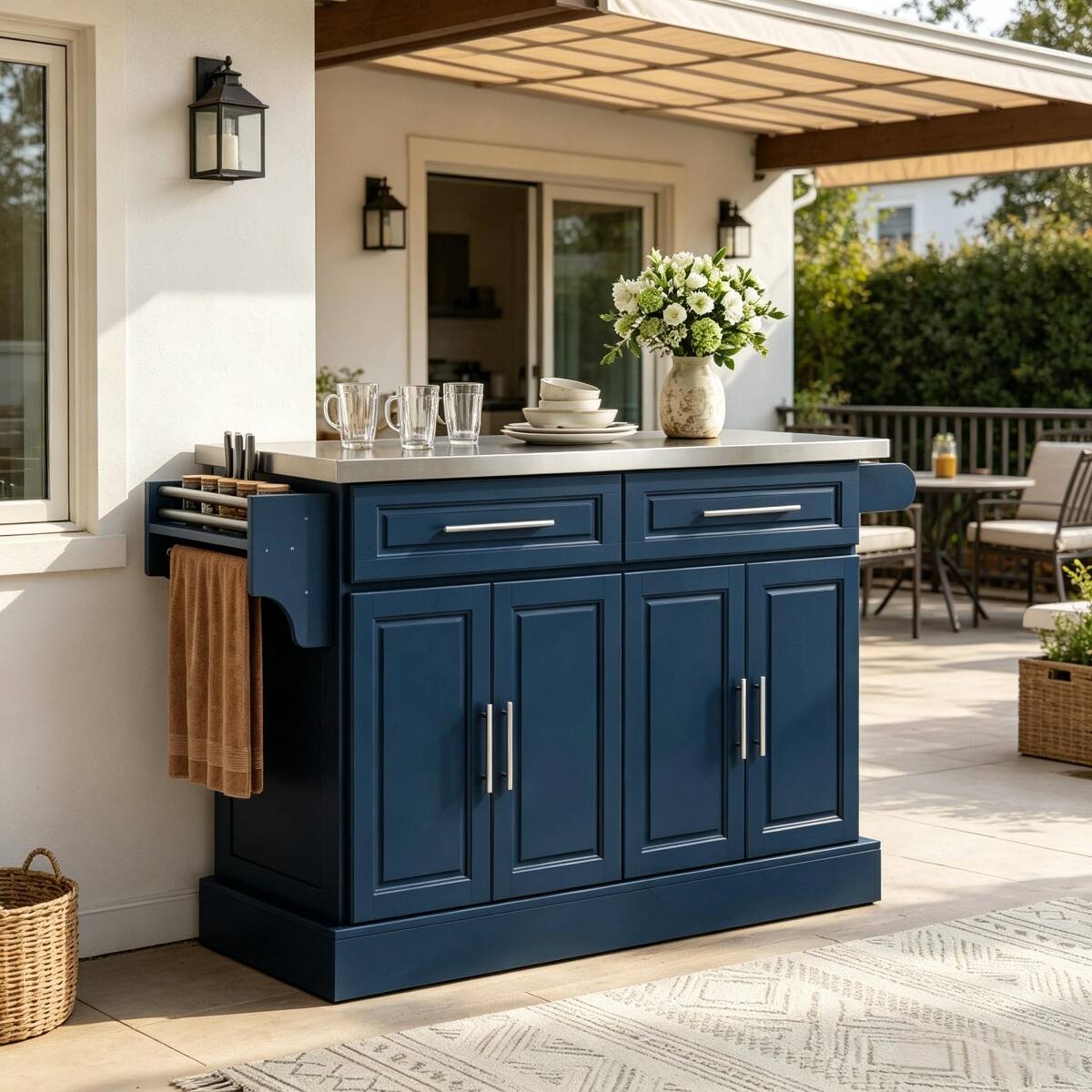 Alt View 2. Loheer - Loheer Navy Blue Rolling Kitchen Cart, Kitchen Island with Stainless Steel Top, 57-Inch Mobile Storage Cabinet - Navy Blue.