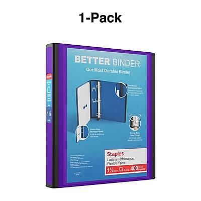 1-Pack  
BETTER BINDER  
Our Most Durable Binder  

Staples  
Lasting Performance, Flexible Spine  
1½"  
400 Sheets