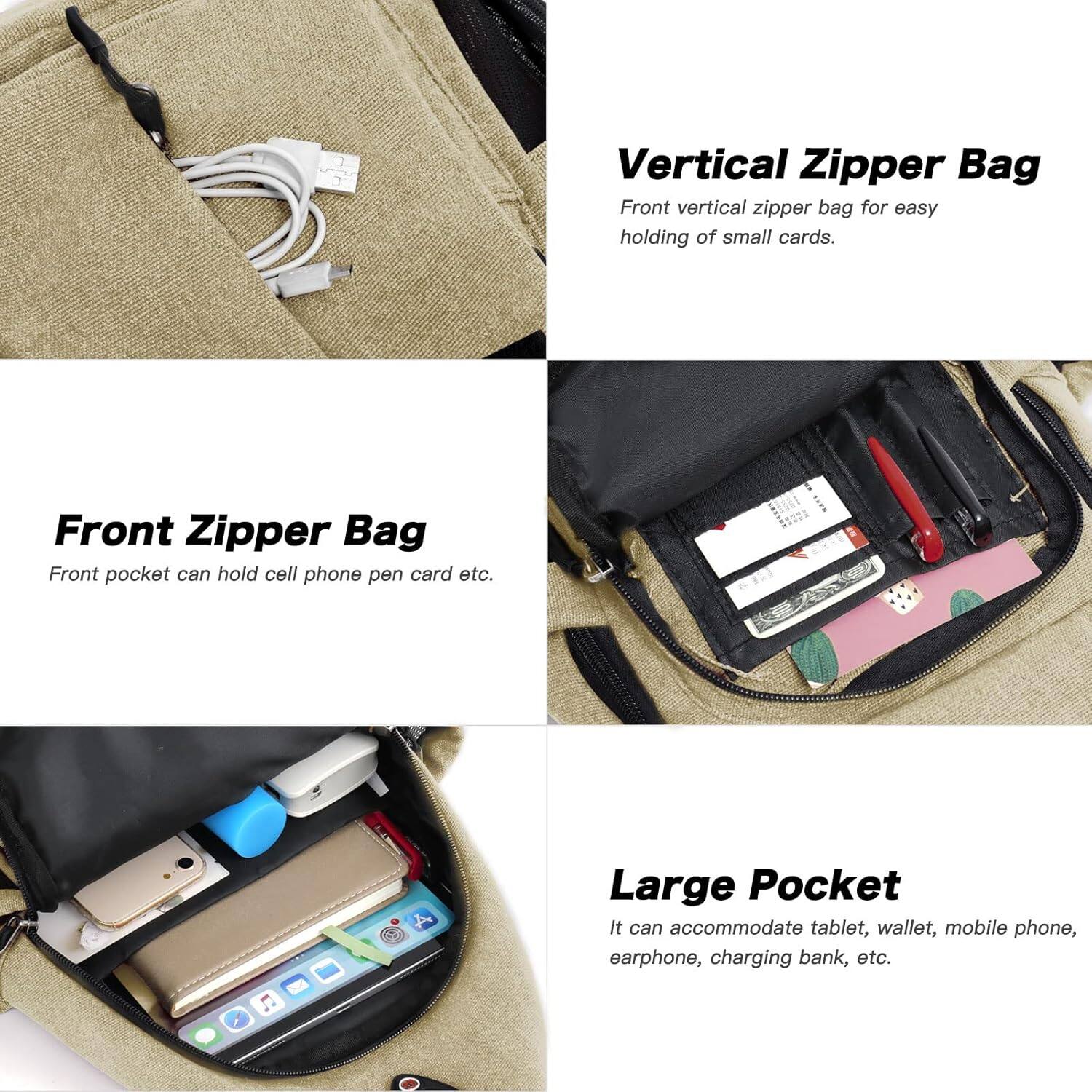Vertical Zipper Bag  
Front vertical zipper bag for easy holding of small cards.

Front Zipper Bag  
Front pocket can hold cell phone, pen, card, etc.

Large Pocket  
It can accommodate tablet, wallet, mobile phone, earphone, charging bank, etc.