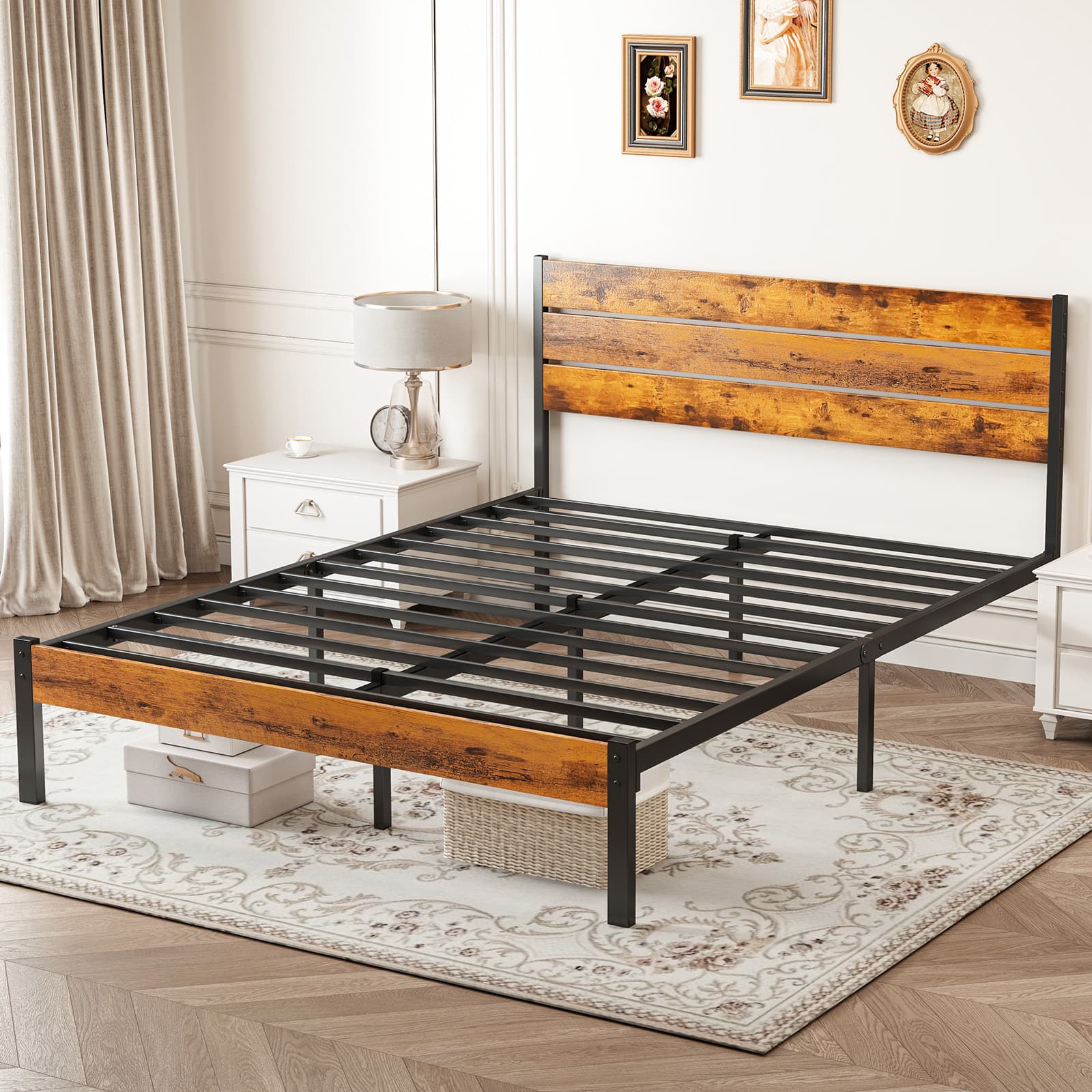 Bestier - Metal Platform Bed Frame with Headboard, Sturdy Wooden Slats Support, No Box Spring Needed - Brown & Bed