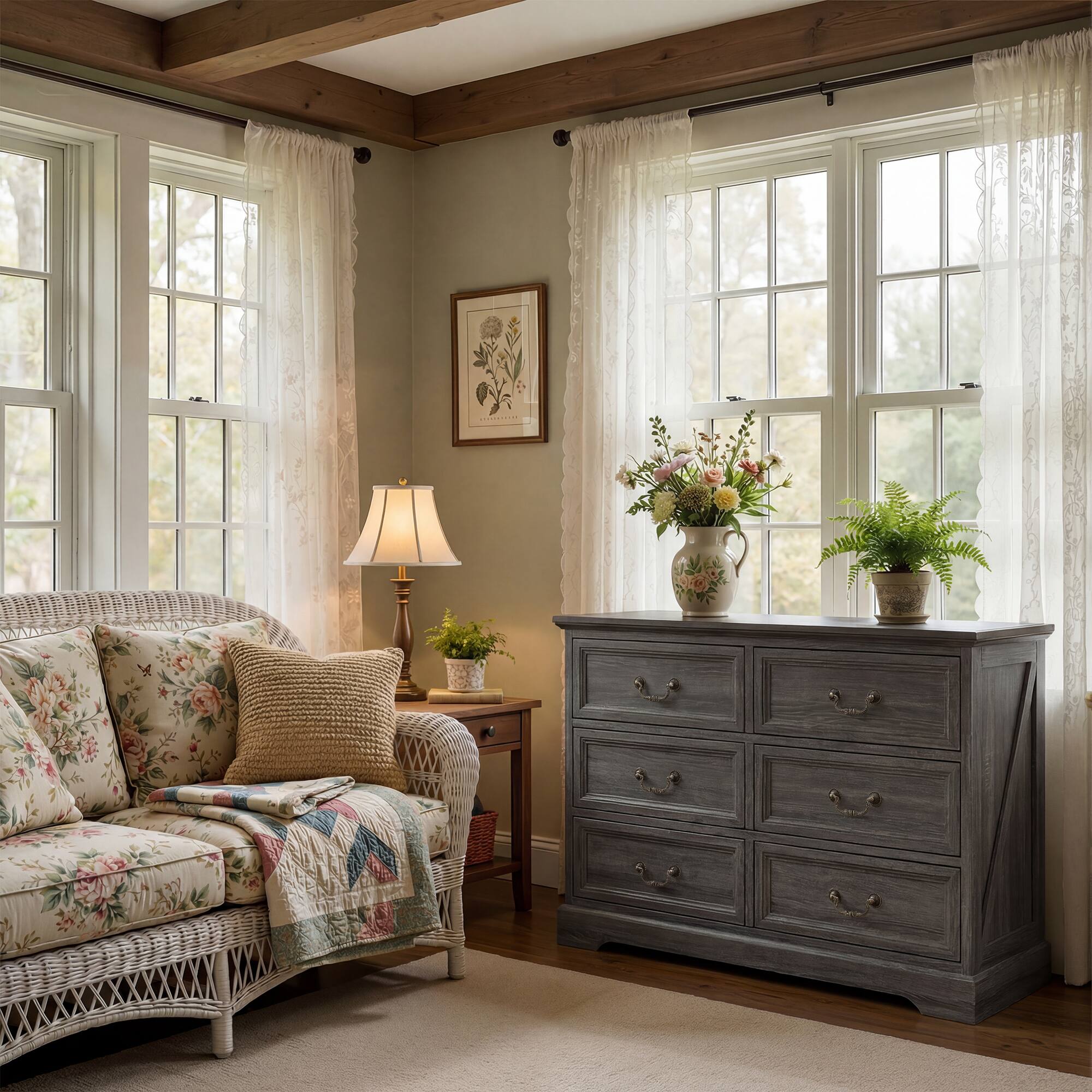 Angle. FUFU & GAGA - Vintage 6-Drawer Dresser - Farmhouse Style Storage Chest with Bronze Hardware for Bedroom, Living Room, Entryway - Distressed gray.