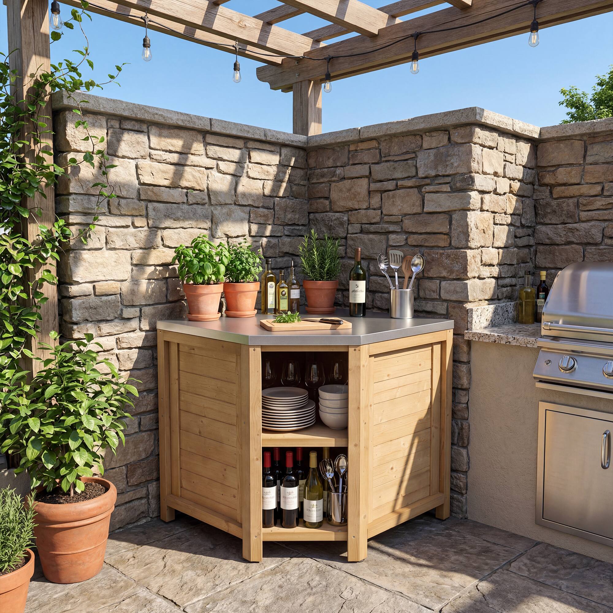 Alt View 6. Famapy - Modular Solid Cedar Outdoor Kitchen Cabinets - All-Weather Storage with Stainless Steel Top for Patio, Grill Station - Wooden.