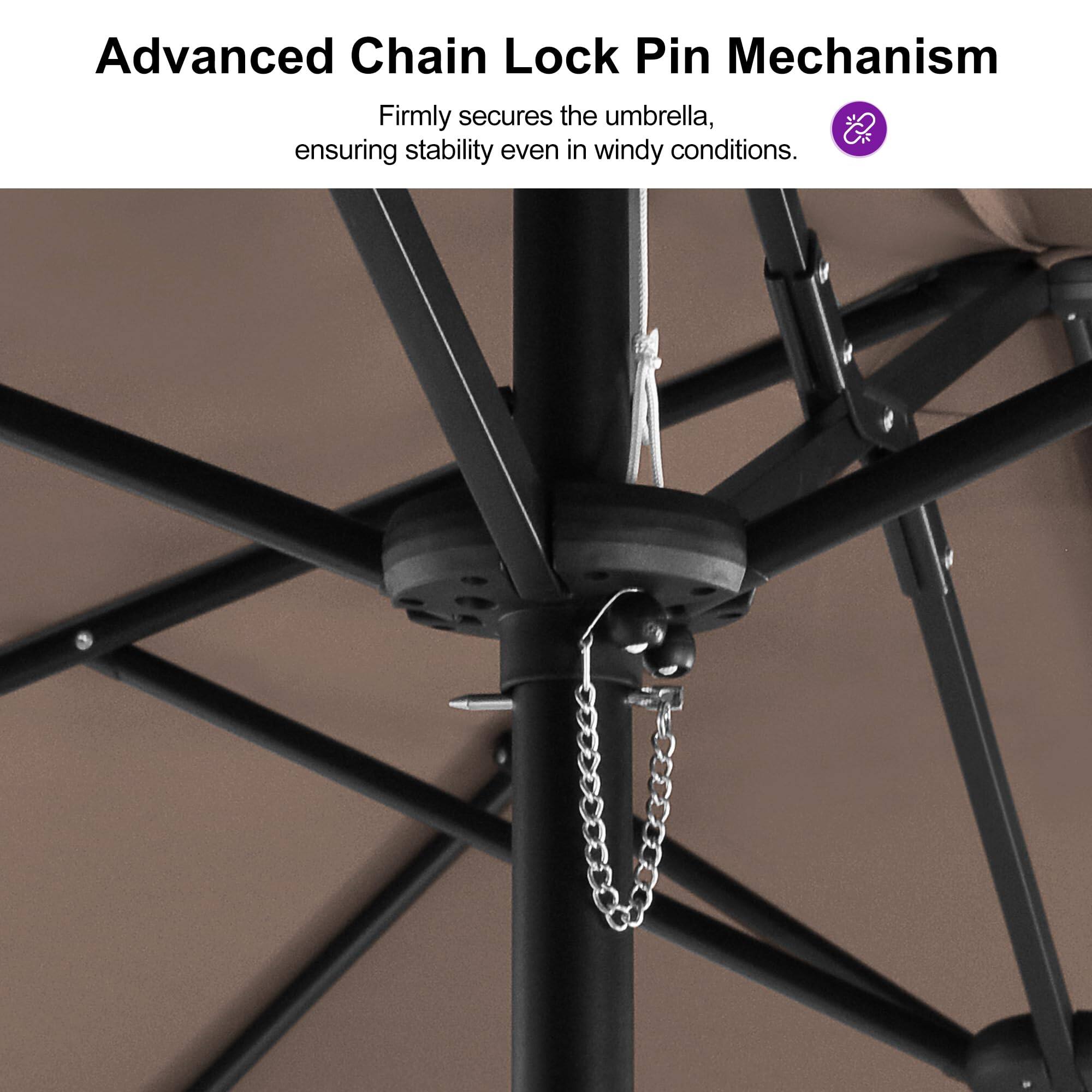 Advanced Chain Lock Pin Mechanism  
Firmly secures the umbrella, ensuring stability even in windy conditions.