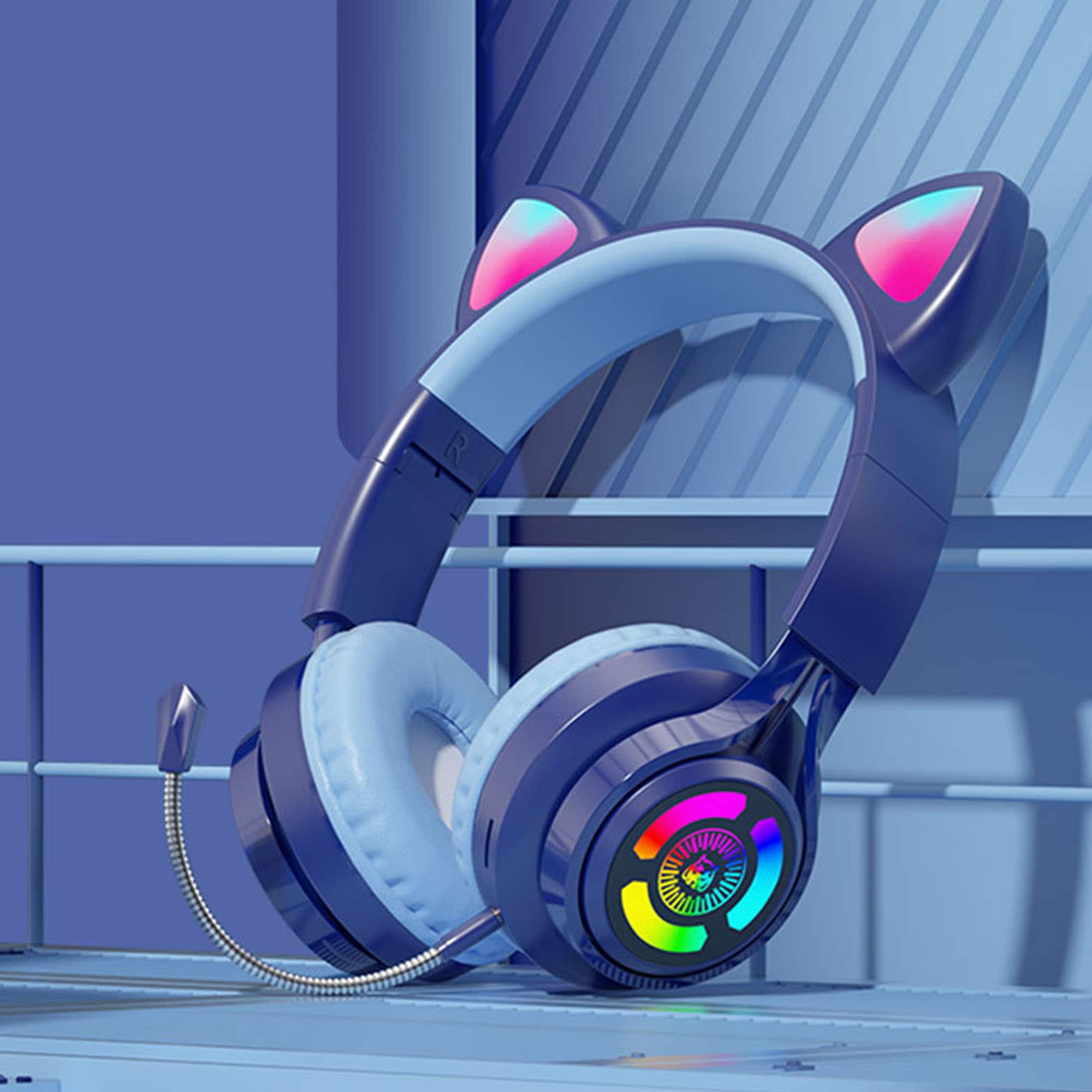 YONWAY - RGB Lighting Headphone, Cat Ear Gaming Headset, Foldable Over-Ear Wireless Bluetooth Headphones with Microphone