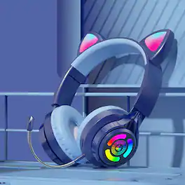 YONWAY - RGB Lighting Headphone, Cat Ear Gaming Headset, Foldable Over-Ear Wireless Bluetooth Headphones with Microphone