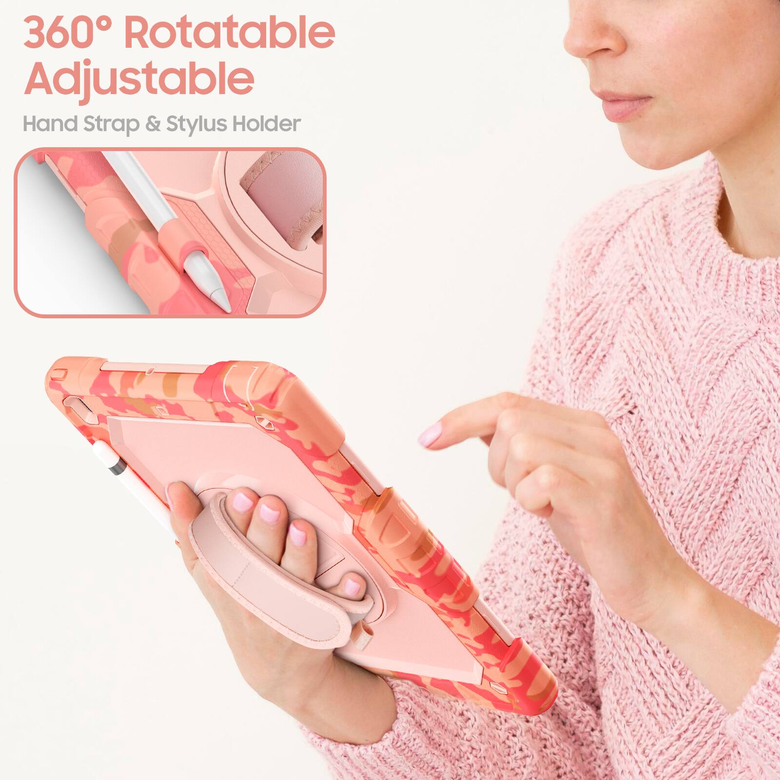 360° Rotatable Adjustable  
Hand Strap & Stylus Holder