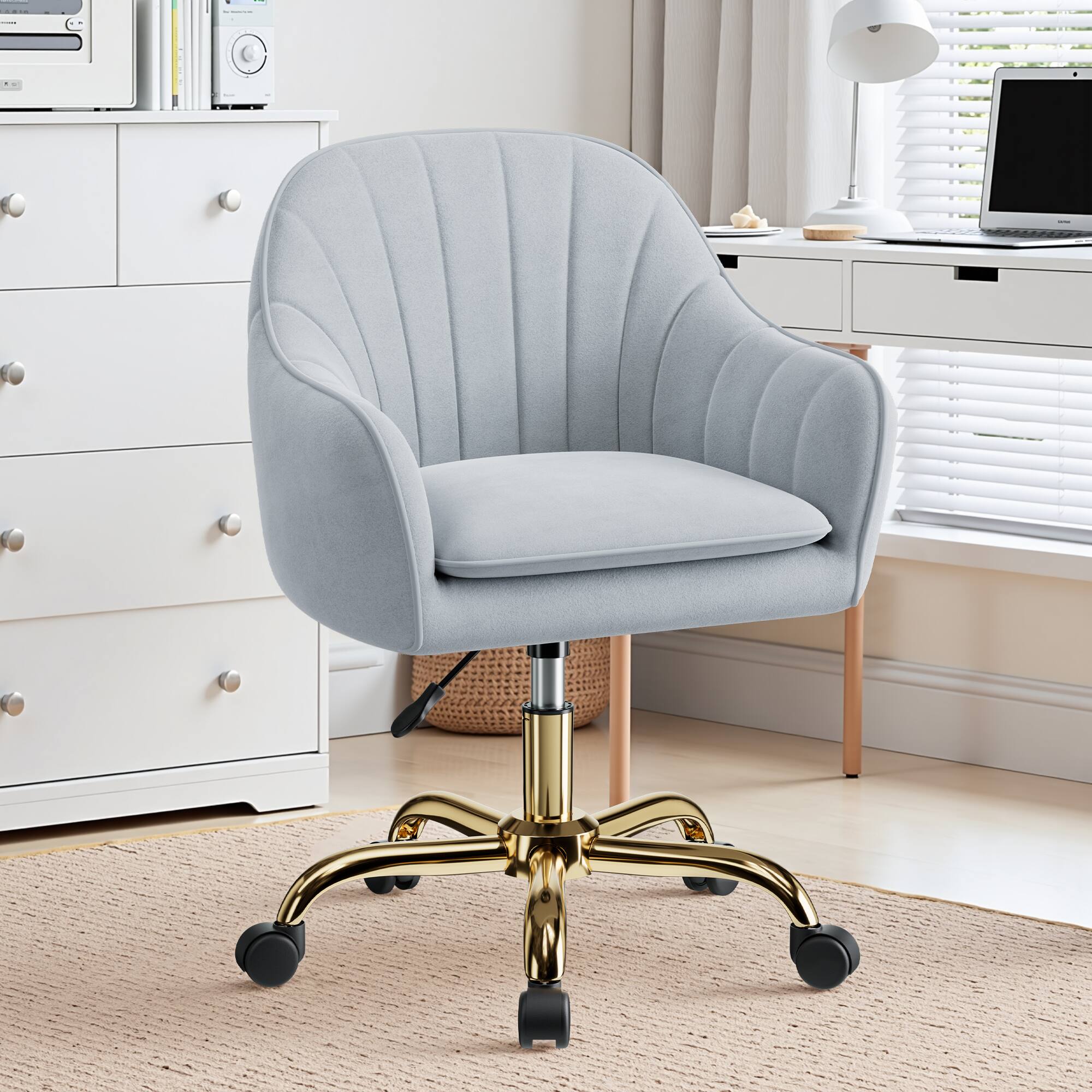 Alt View 6. KERDOM - Upholstered Velvet Vanity Chair with Back & Wheels, Swivel Rolling Home Office Chair, Padded Dresser Chair Makeup Room - Gray.