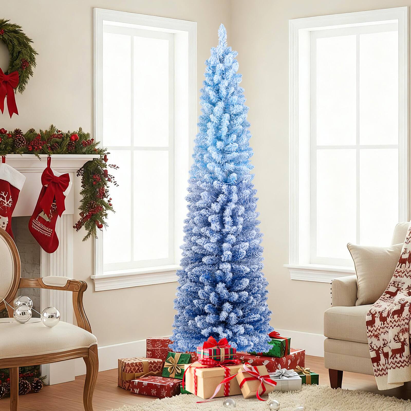 Gymax - 6 FT Snow-flocked Artificial Christmas Tree w/220 Warm White LED Lights 8 Modes Gradient & White - Blue price history on PriceWatchPro