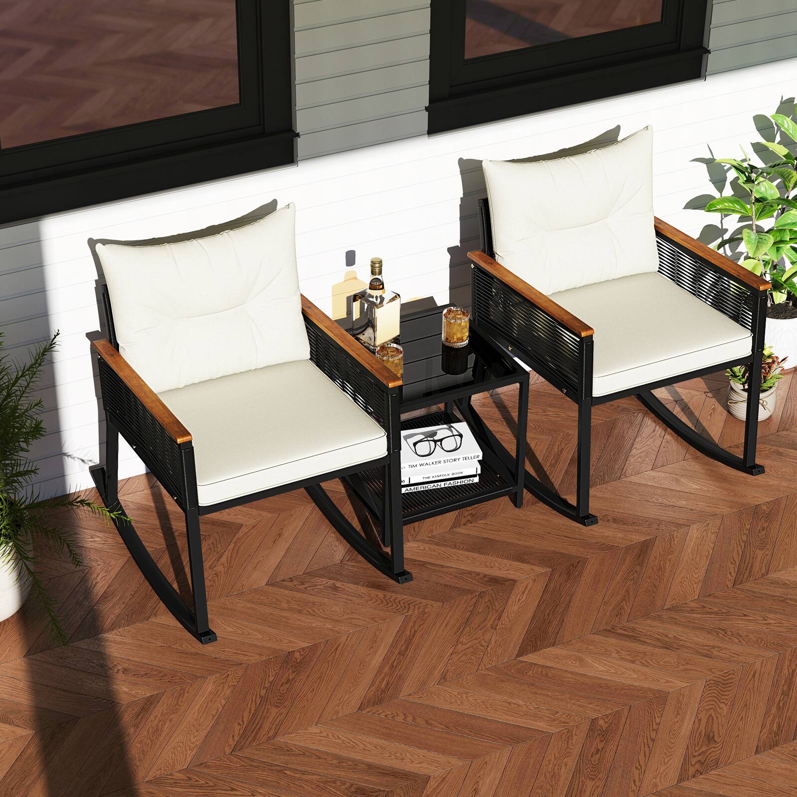 Alt View 4. Gymax - Gymax 3 PCS Patio Rocking Bistro Set Outside Wicker Rockers w/ 2-Tier Tempered Glass Coffee Table - Black, Beige.