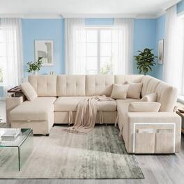 Dyonery - 112" Modular Convertible Sectional Sleeper Sofa with Pull Out Bed,Linen Convertible Couch with Storage Seat - Beige