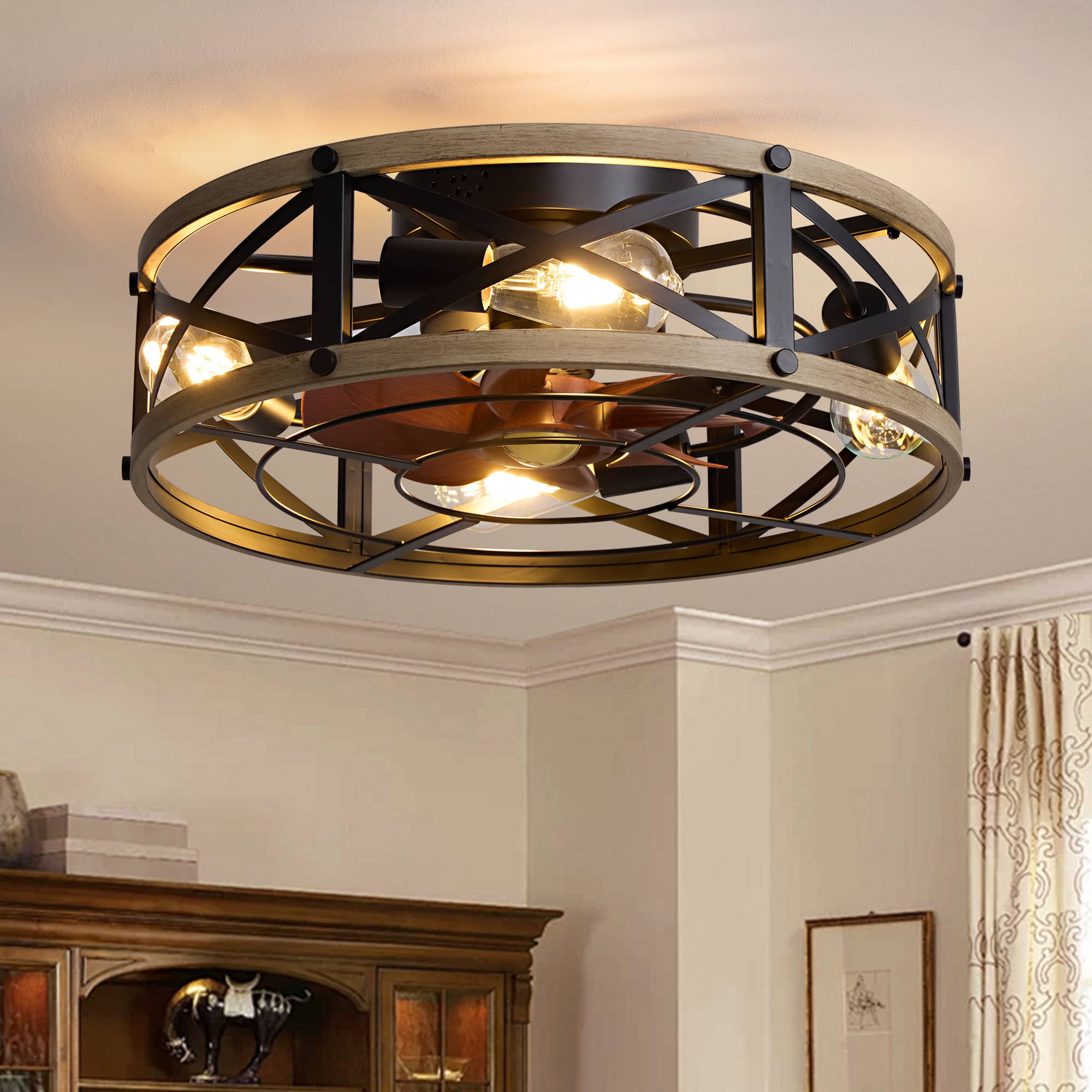 Siljoy - 20 Inch Light Wood Caged Flush Mount Ceiling Fan Light, Rustic Low Profile Fan Lamp for Bedroom Foyer and Corridor - Brown