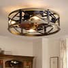 Front. Siljoy - 20 Inch Light Wood Caged Flush Mount Ceiling Fan Light, Rustic Low Profile Fan Lamp for Bedroom Foyer and Corridor - Brown.