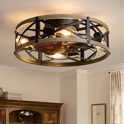 Front. Siljoy - 20 Inch Light Wood Caged Flush Mount Ceiling Fan Light, Rustic Low Profile Fan Lamp for Bedroom Foyer and Corridor - Brown.