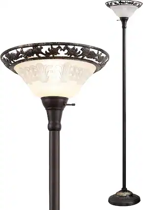 Front. Cozy Serene - copper Floor Lamp Lamp Vintage touch Led Glass Victorian Elegant Standing with Alabaster Shade Metal - Black, Glass 1 Head.
