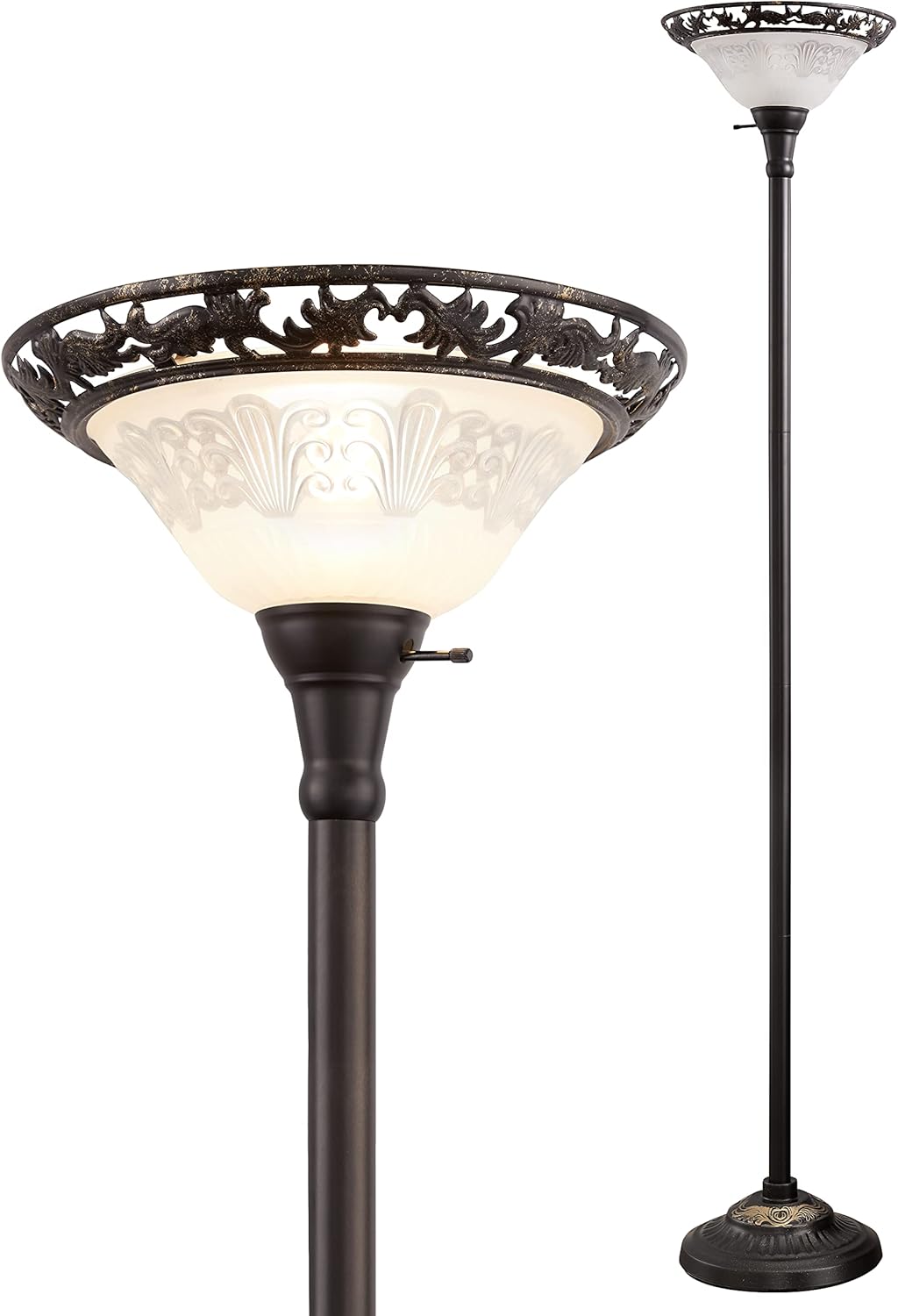 Front. Cozy Serene - copper Floor Lamp Lamp Vintage touch Led Glass Victorian Elegant Standing with Alabaster Shade Metal - Black, Glass 1 Head.