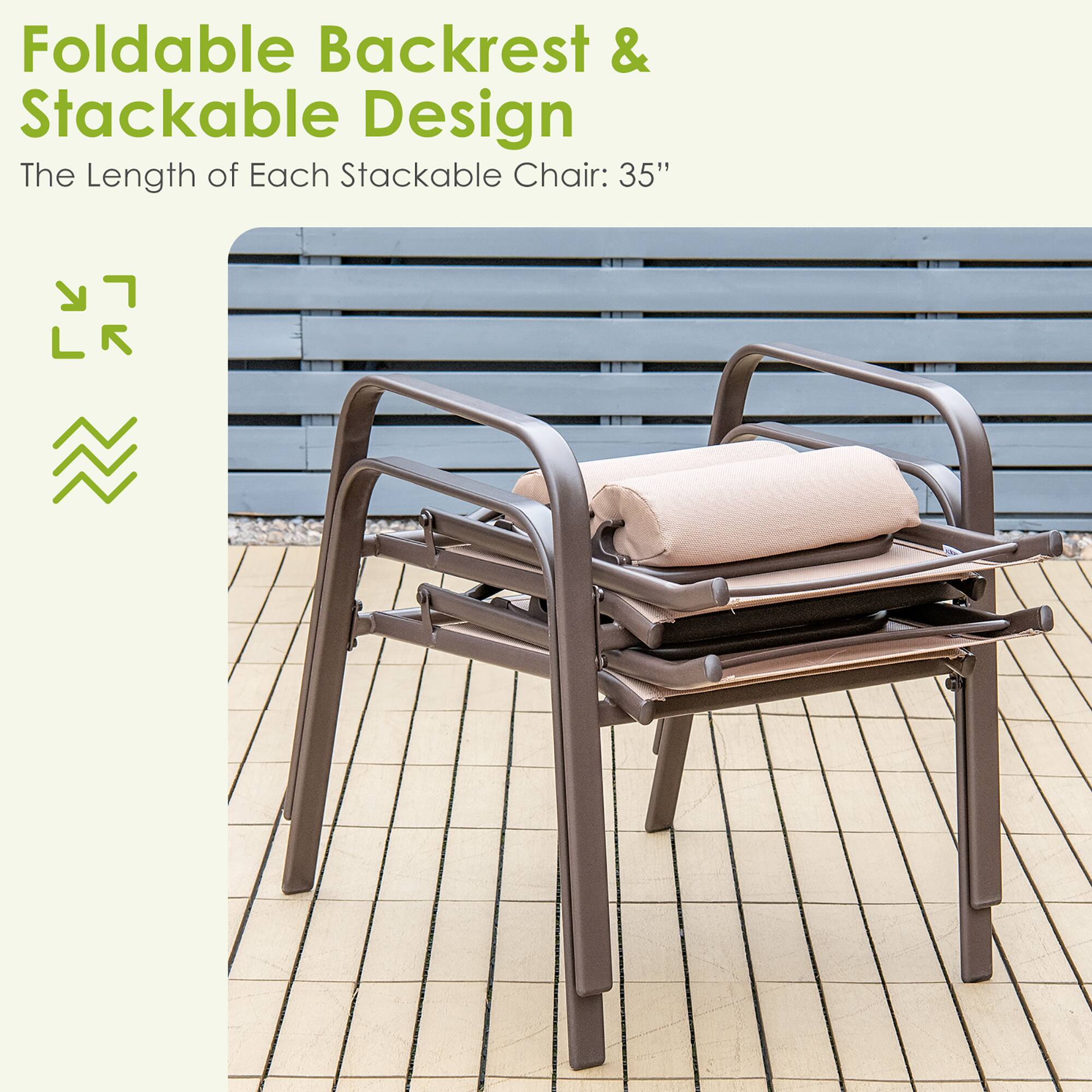 Foldable Backrest & Stackable Design
The Length of Each Stackable Chair: 35"