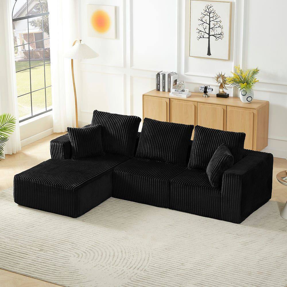 Back. Kadyn - 4-Seater Modular Sectional Sofa, Left Chaise Cloud Couch with Corduroy Upholstery and Deep Seating, Black - Black.