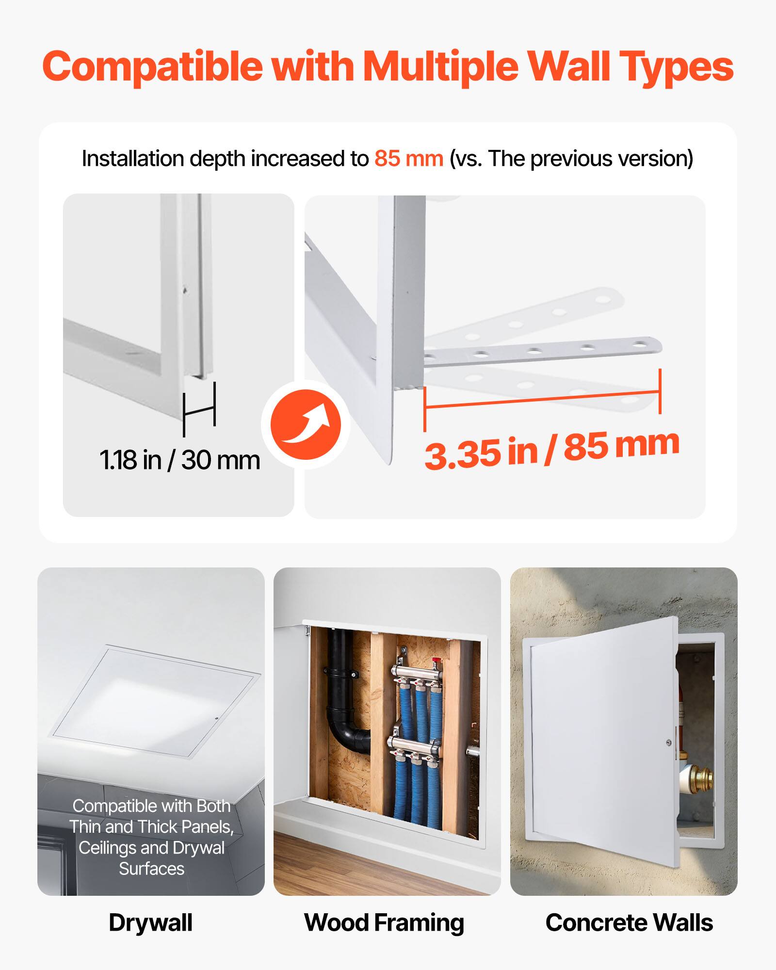 Compatible with Multiple Wall Types

Installation depth increased to 85 mm (vs. The previous version)

1.18 in / 30 mm

3.35 in / 85 mm

Compatible with Both Thin and Thick Panels, Ceilings and Drywall Surfaces

Drywall

Wood Framing

Concrete Walls