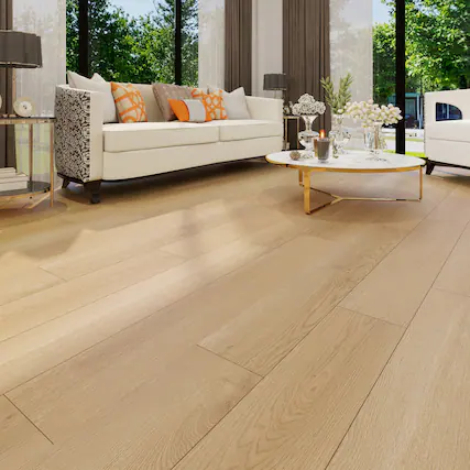 Front. Dotfloor - Superoak Lite Laminate Flooring - 48"x7.7" Planks, 10 Planks/Box (25.6 sq ft/Box), 9.5mm Thick, AC4 Wear Rating - Golden Oakley.