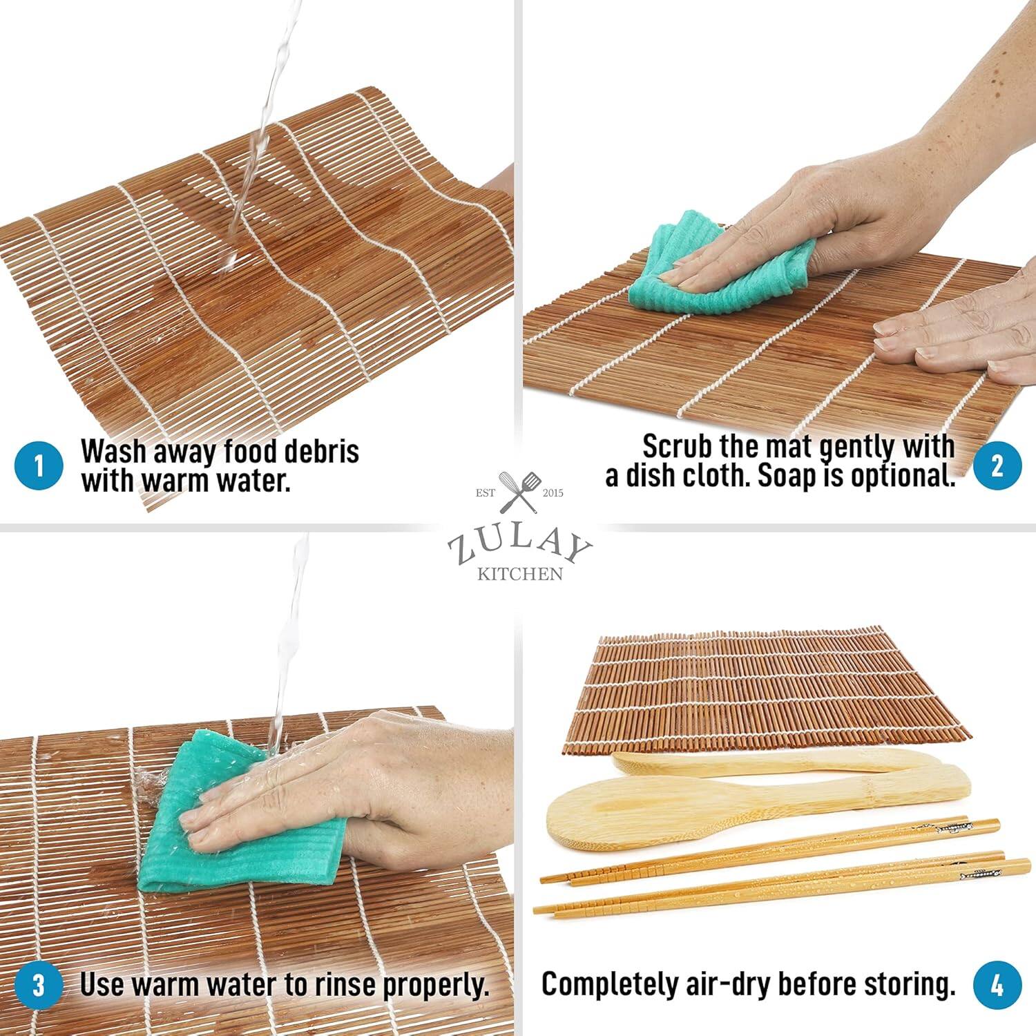 1. Wash away food debris with warm water.
2. Scrub the mat gently with a dish cloth. Soap is optional.
3. Use warm water to rinse properly.
4. Completely air-dry before storing.