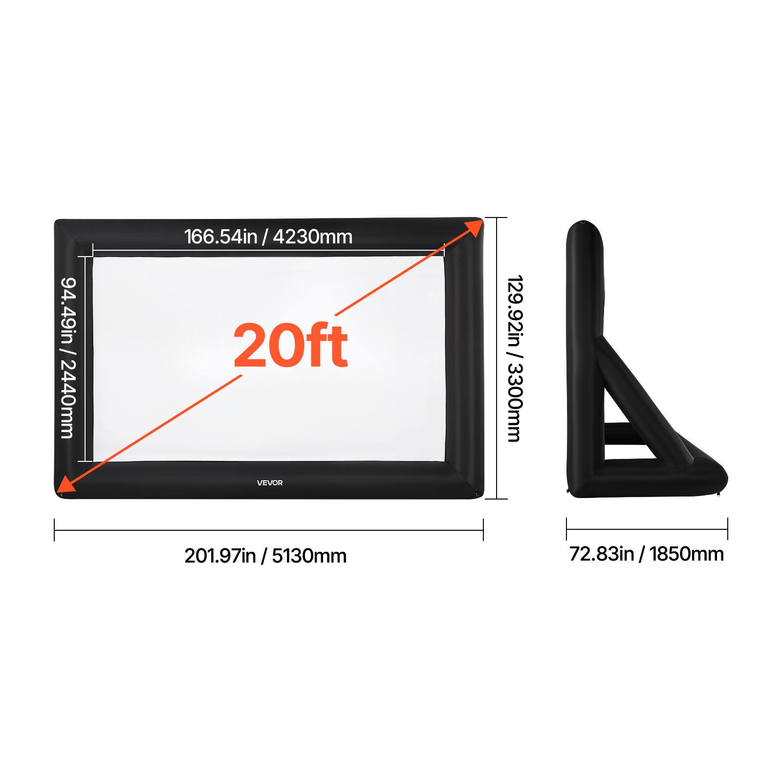 94.49in / 2440mm, 166.54in/4230mm, 20ft, 201.97in / 5130mm, 129.92in / 3300mm, 72.83in /1850mm