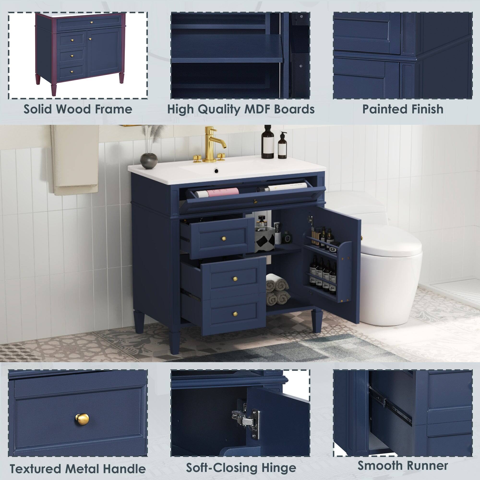 Solid Wood Frame  
High Quality MDF Boards  
Painted Finish  
Textured Metal Handle  
Soft-Closing Hinge  
Smooth Runner