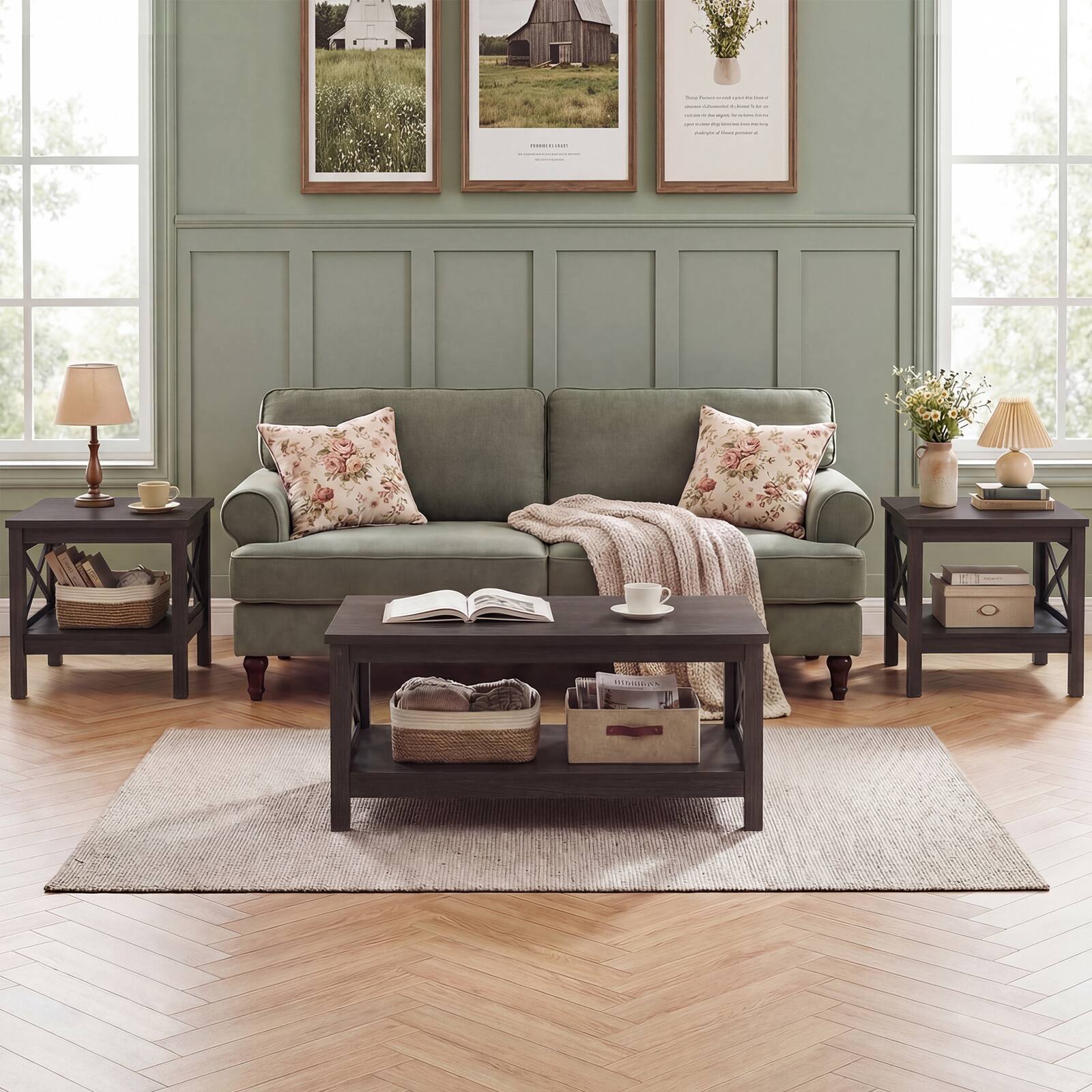 Alt View 5. Costway - Costway 1 PCS 2-Tier End Table with Storage Shelf & X-Frame, 24" Farmhouse Nightstand for Bedroom - Brown.